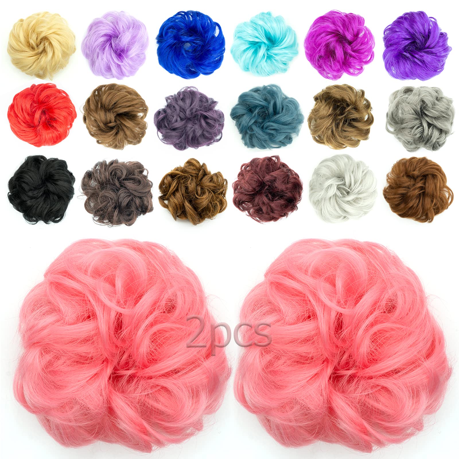 2pcs Messy Bun Hair Piece Scrunchie - Elastic Rubber Band Hair Bun for Women & Girls - Curly Wavy Synthetic Hair Extensions - Ponytail Enhancer (Pink) - Perfect for Workouts, Parties & Everyday Styling