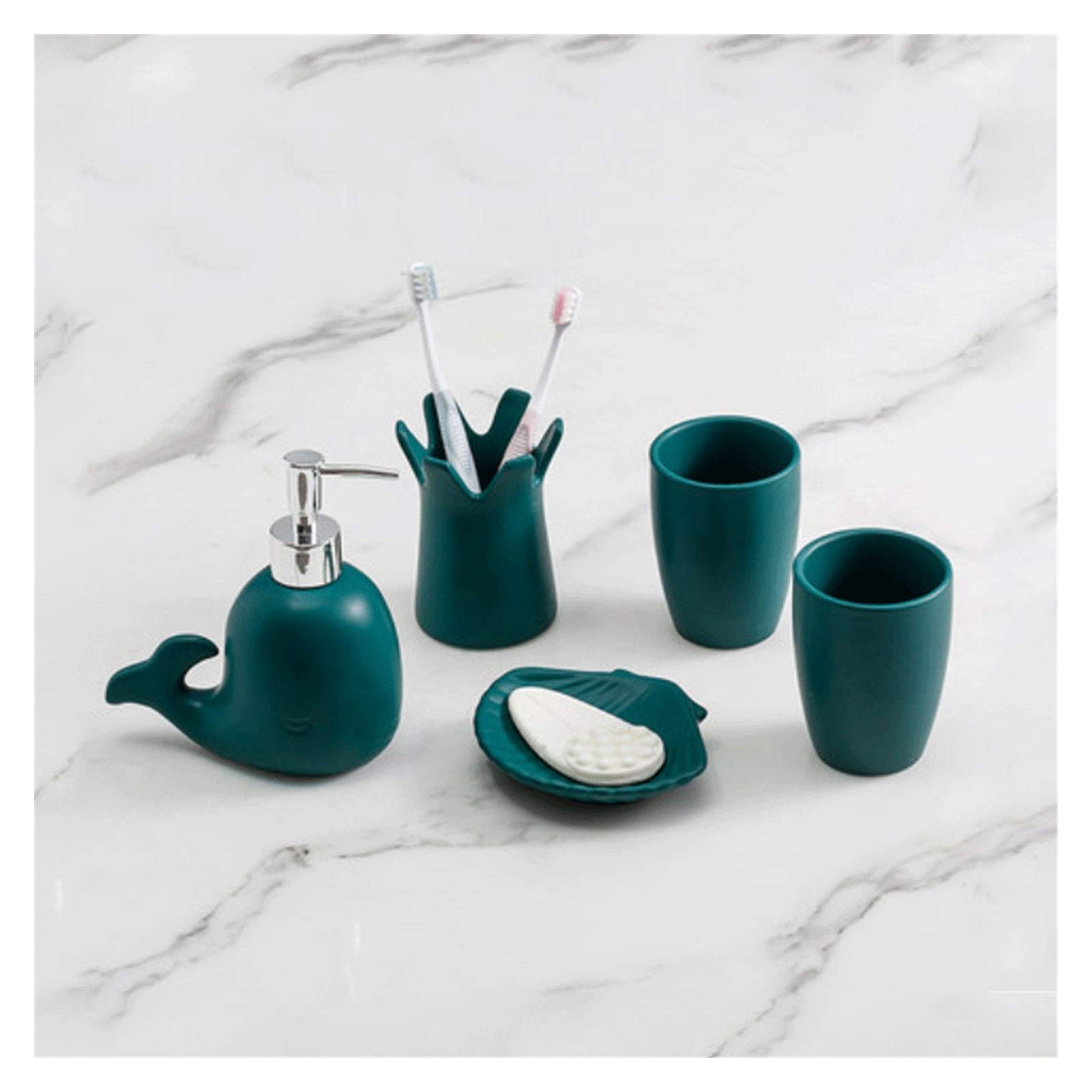 YLUU Ceramic Soap Dispenser Set - 5 Piece Bathroom Accessories Kit with Soap Pump, Toothbrush Holder, Soap Dish & 2 Mouthwash Cups (6.7oz Lotion Bottle, Peacock Blue) | Perfect for Modern Bathroom, Kitchen & Guest Room Decor