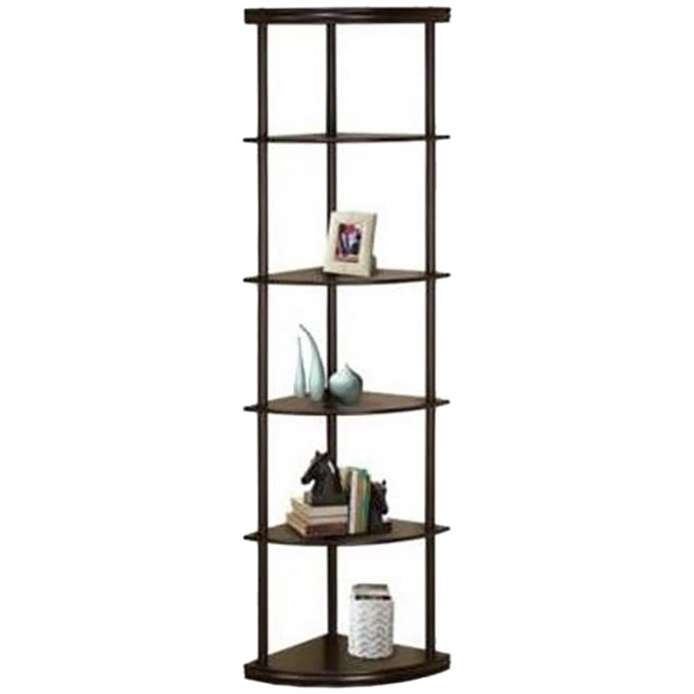 BOWERY HILL 5-Shelf Wooden Corner Bookcase - Mahogany Finish, Space-Saving Storage for Living Room, Bedroom, Office & Study
