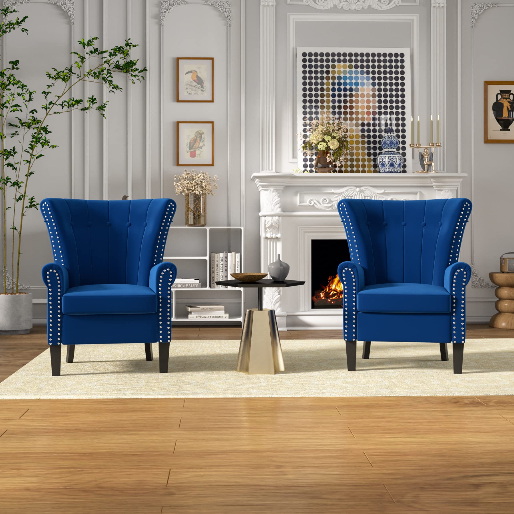 Velvet Tufted Wingback Armchair with Wood Legs for Living Room & Bedroom - Blue