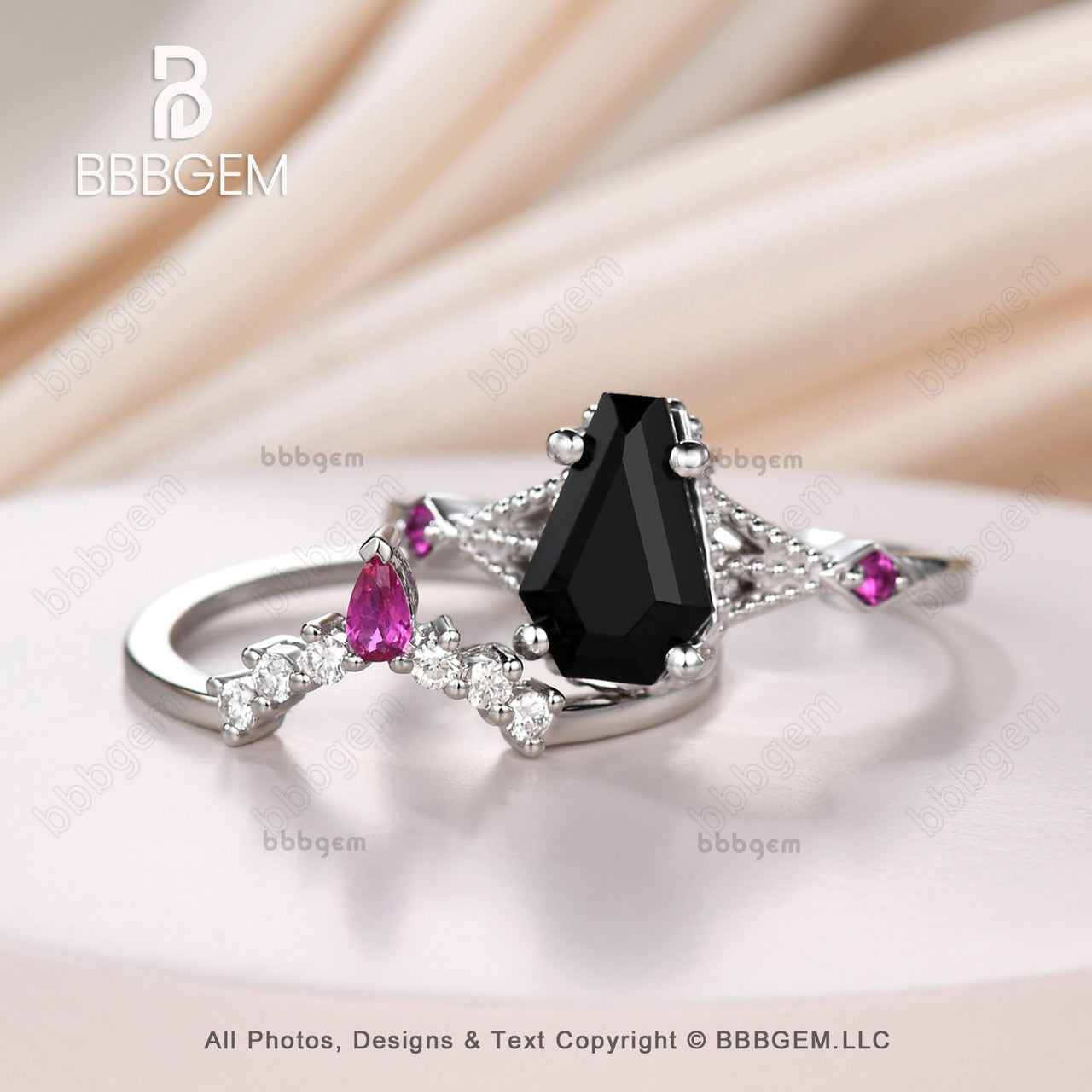 Platinum Black Spinel & Diamond Wedding Ring Set - 9x6mm Coffin Cut Onyx with Lab-Grown Ruby | Elegant Gothic Jewelry for Weddings, Anniversaries & Alternative Fashion
