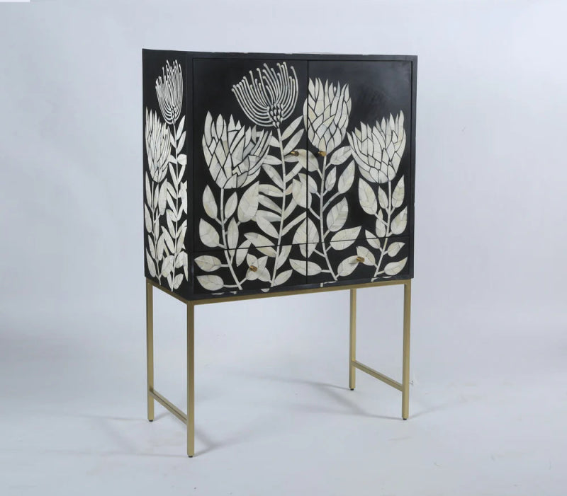 Handmade Bone Inlay Black Tulip Design Cabinet with 2 Drawers - Vintage Storage Furniture for Bedroom, Living Room & Office Organization