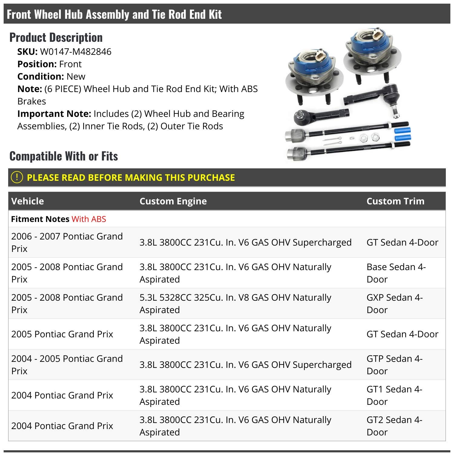 2004-2008 Pontiac Grand Prix ABS Front Wheel Hub Bearing & Tie Rod End Kit - 6 Piece Replacement Set for Smooth Ride & Steering - Perfect for DIY Repairs & Professional Mechanics