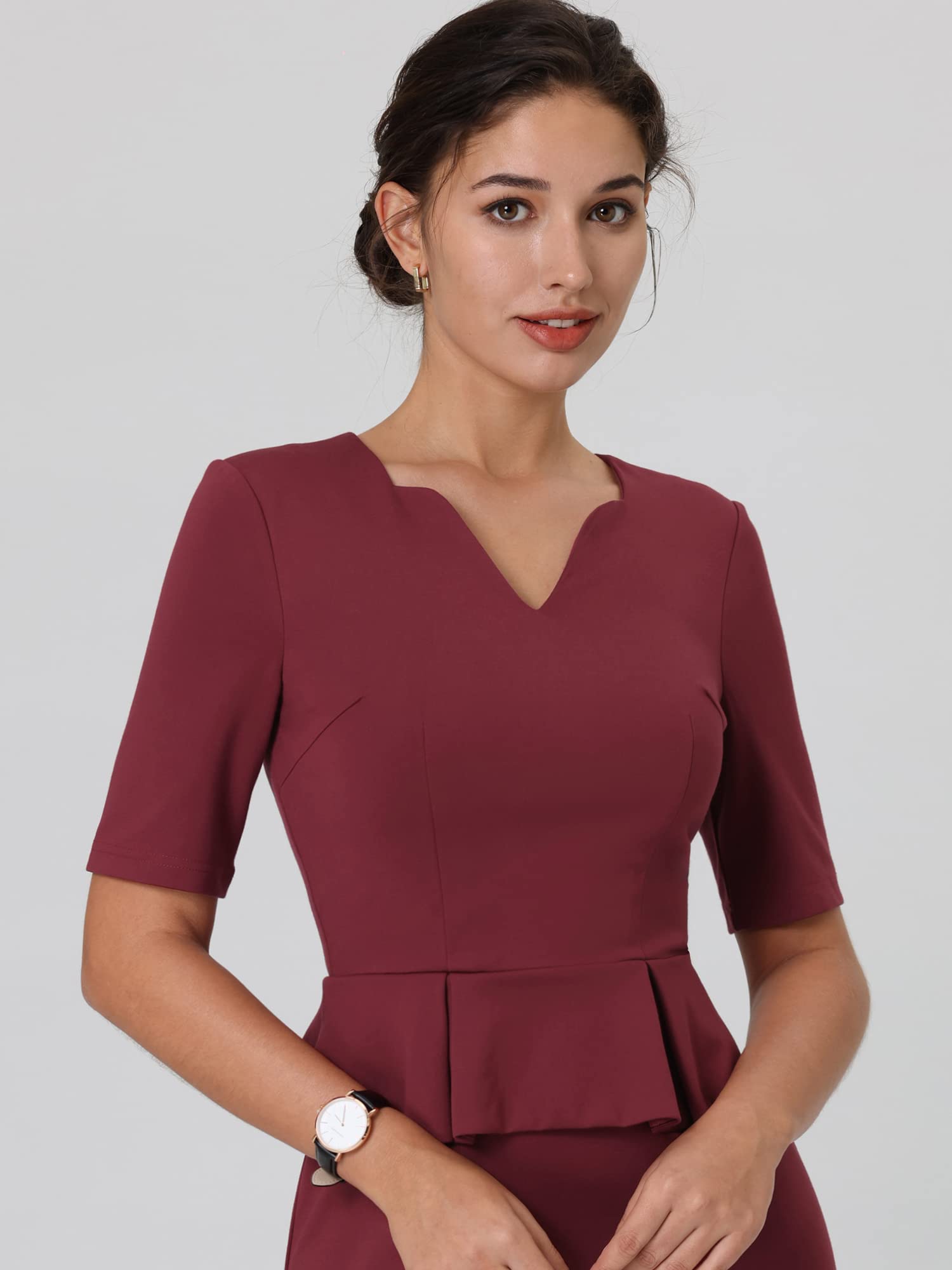 Women's V-Neck Short Sleeve Sheath Work Dress with Peplum - Office Wear, Business Casual & Cocktail Party Outfit