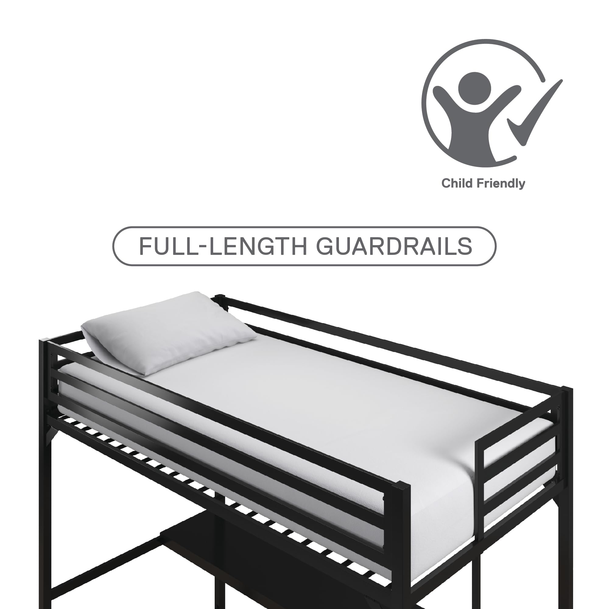 DHP Miles Metal Twin Loft Bed with Desk, Black - Space-Saving Study & Sleep Solution for Kids & Teens Bedrooms, Dorms & Small Apartments