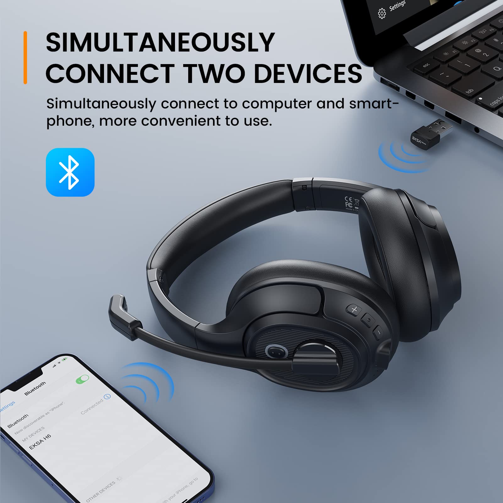 Wireless Bluetooth Headset for PC & Laptop with AI Noise Cancelling Microphone, 2.4G USB Dongle - 55H Battery Life, Over-Ear Comfort for Office Work, Zoom Meetings, Gaming & Online Classes