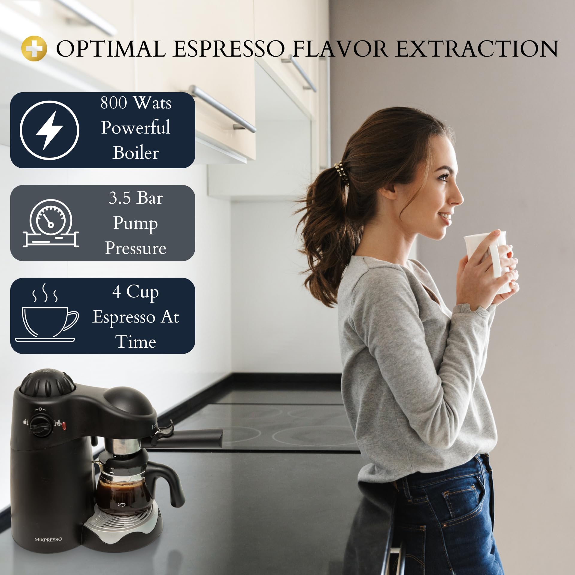 Mixpresso 3.5 Bar Espresso Machine with Milk Frother - 800W Coffee Maker for Espresso, Cappuccino & Latte - 4 Cup Capacity with Glass Carafe - Perfect for Home, Office & Coffee Shops