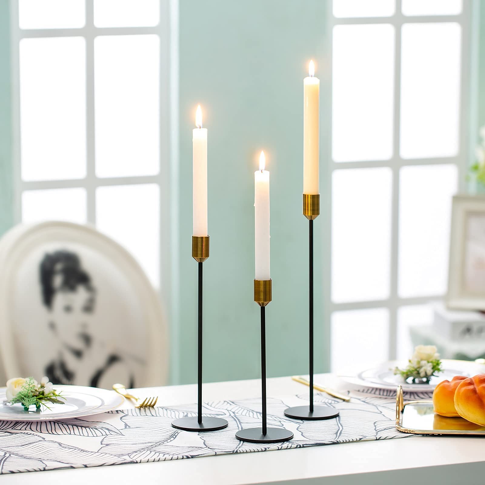 Romadedi Black and Gold Tall Candle Holders - Set of 3 Elegant Taper Candle Sticks for Home Decor, Wedding Centerpieces & Christmas Table Settings (8.5/11/13 Inches) - Perfect for Dining Tables, Mantels & Holiday Displays