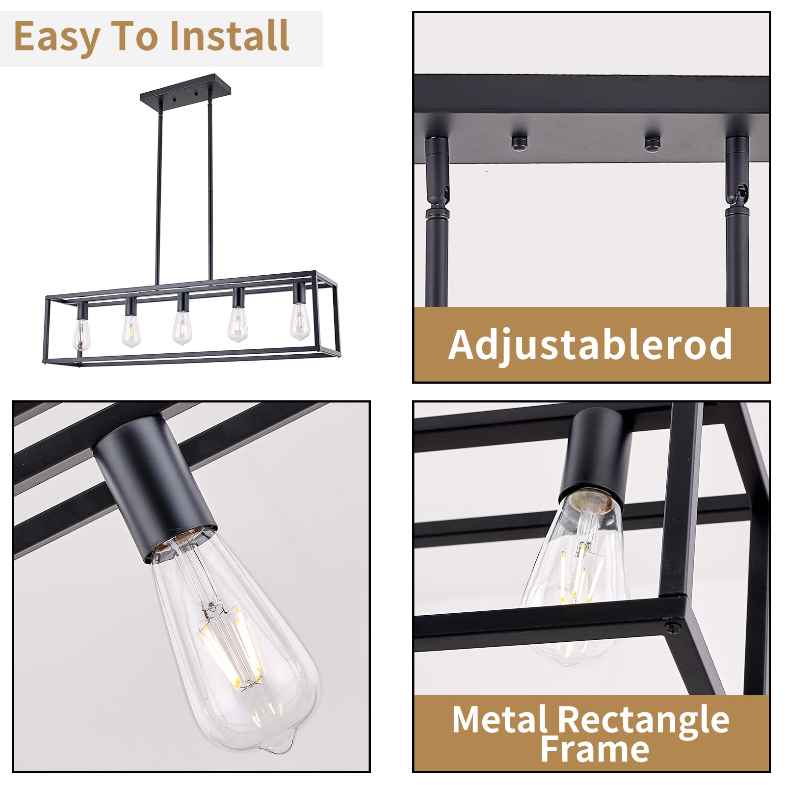 Farmhouse Rectangle Chandelier - Matte Black 5-Light Industrial Pendant Lighting for Dining Room & Kitchen | Rustic Ceiling Light Fixture Perfect for Farmhouse, Industrial & Modern Decor