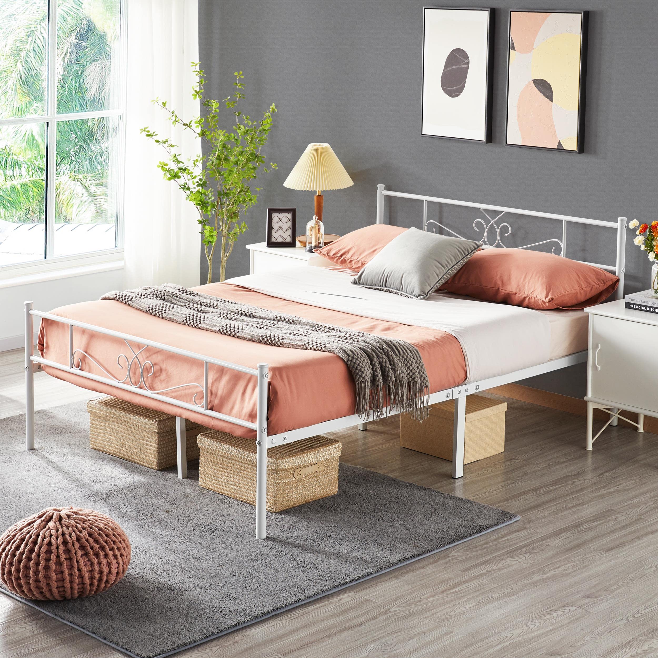 Topeakmart 13 Inch White Classic Metal Bed Frame with Headboard - Full Size Platform Bed with Slatted Mattress Foundation - Sturdy Support for Bedroom, Guest Room, Dormitory & Apartment