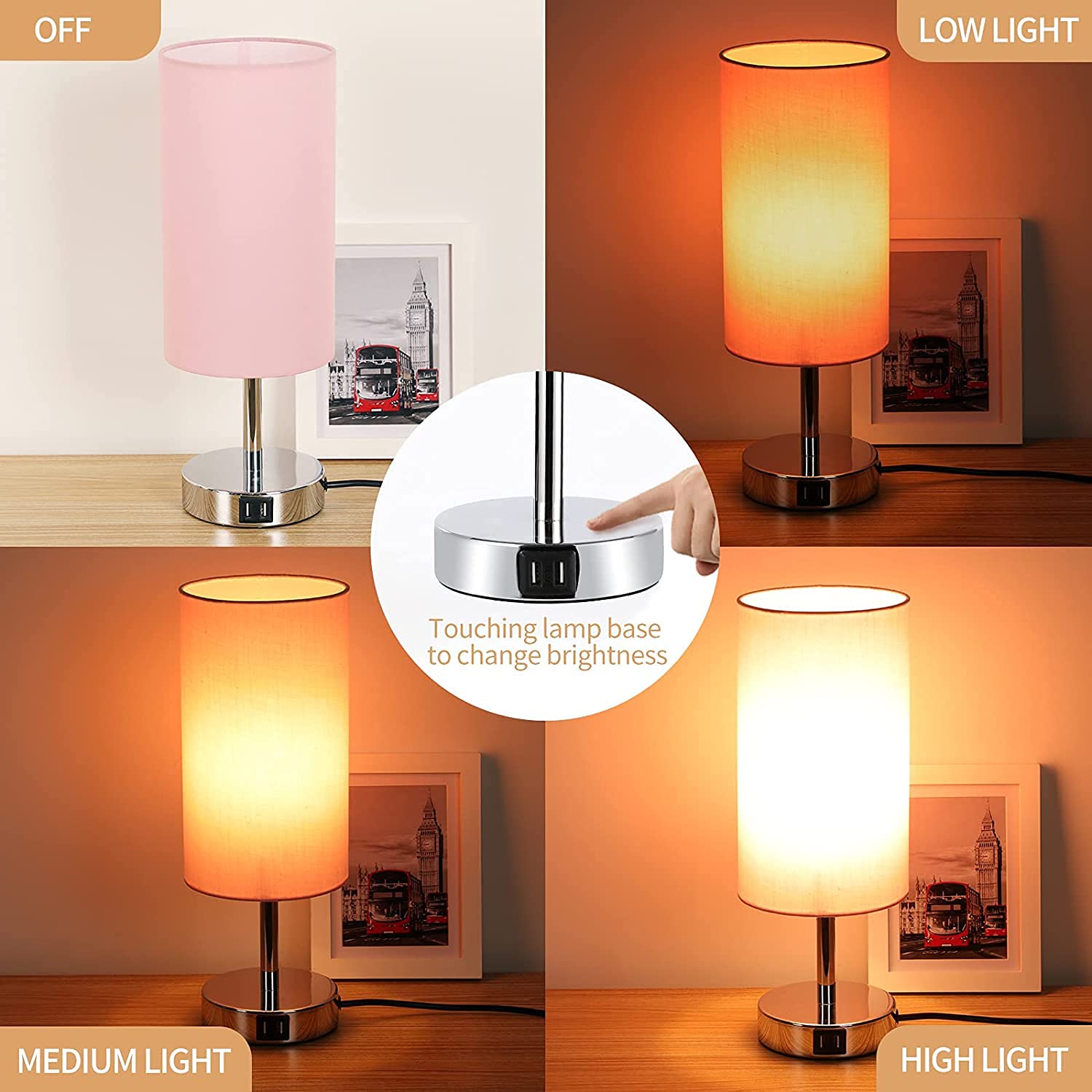 Yarra-Decor Modern Wood Bedside Lamp with USB Port & Touch Control - 3-Way Dimmable Nightstand Lamp with Round Pink Fabric Shade for Bedroom, Living Room, Kids Room, Office & College Dorm - Perfect for Reading, Relaxing & Nighttime Use