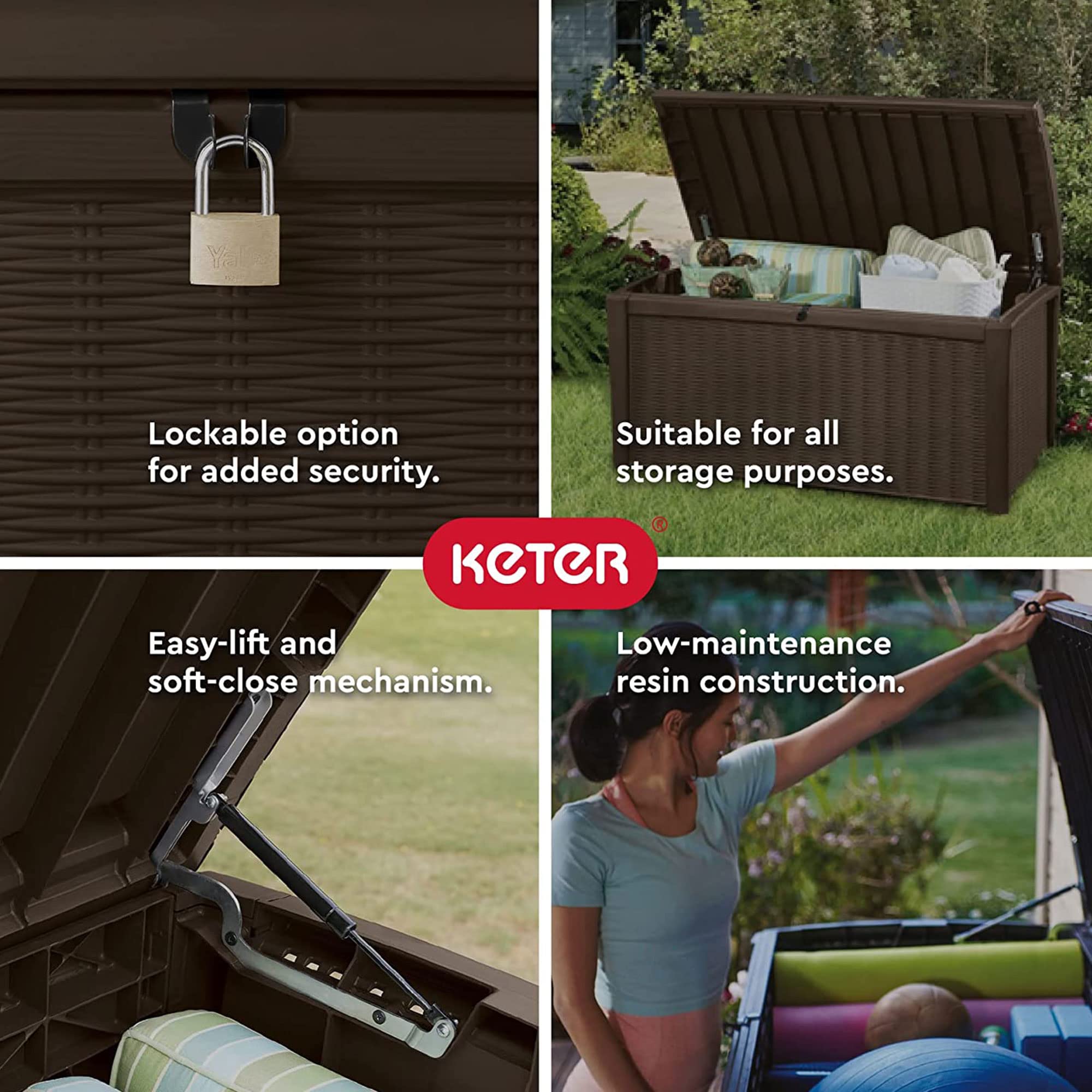 Keter 110 Gallon Outdoor Storage Deck Box - Waterproof Patio Bin for Garden, Pool & Backyard Organization (Borneo Brown) - Perfect for Storing Cushions, Toys & Gardening Tools