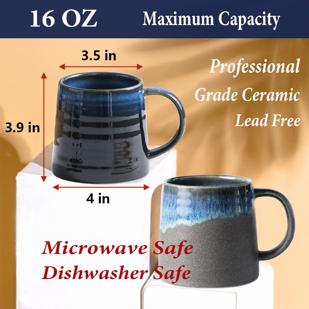 Large 16 oz Handmade Ceramic Coffee Mug & Tea Cup with Handle - Dishwasher & Microwave Safe for Office, Home, or Gifts - Blue Grey - Perfect for Morning Coffee, Afternoon Tea, and Cozy Relaxation