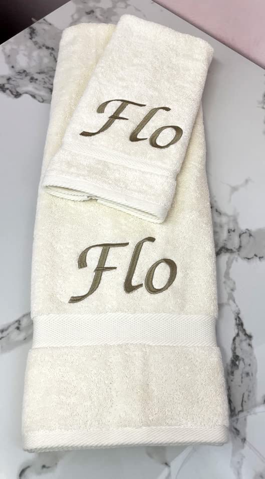 Personalized Monogrammed Bath & Hand Towel Set - Custom Embroidered Cotton Towels (1 Bath + 1 Hand Towel, Cream) - Perfect for Guest Bathrooms, Wedding Gifts & Luxury Home Decor