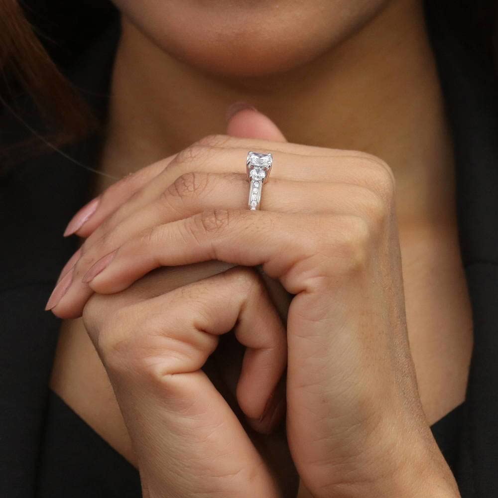 BERRICLE Sterling Silver 3-Stone Wedding & Engagement Ring - 1.5ct Cushion Cut Cubic Zirconia CZ Promise Ring for Women, Rhodium Plated Size 4-10 - Perfect for Proposals, Anniversaries & Special Occasions