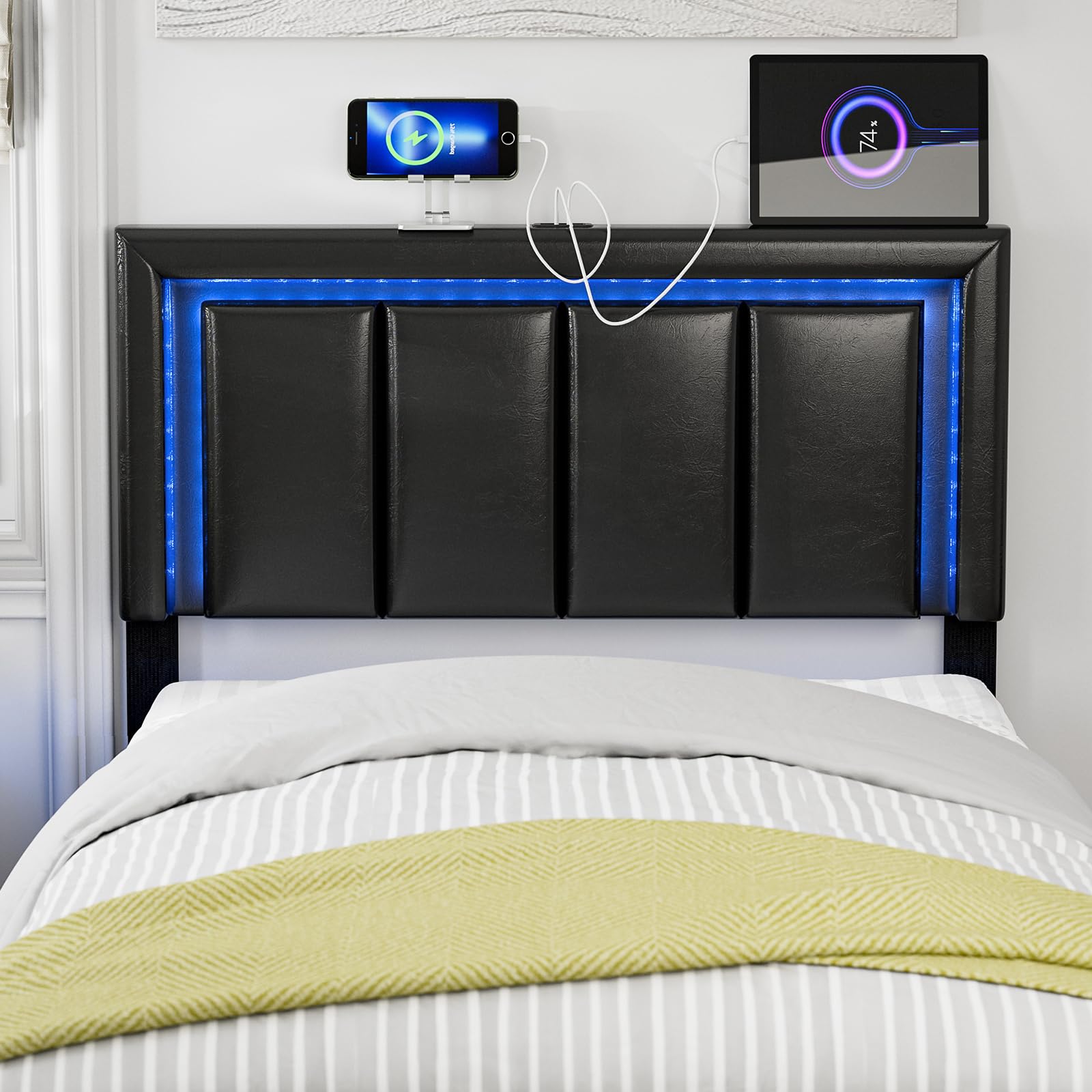 IKIFLY Twin Size LED Headboard with 2 USB Ports & Adjustable Height - Modern Faux Leather Twin/Twin XL Bed Headboard with Soft LED Lighting - Upholstered Headboard Only, Easy Assembly (Black) - Perfect for Bedroom, Dorm Room & Small Space Decor
