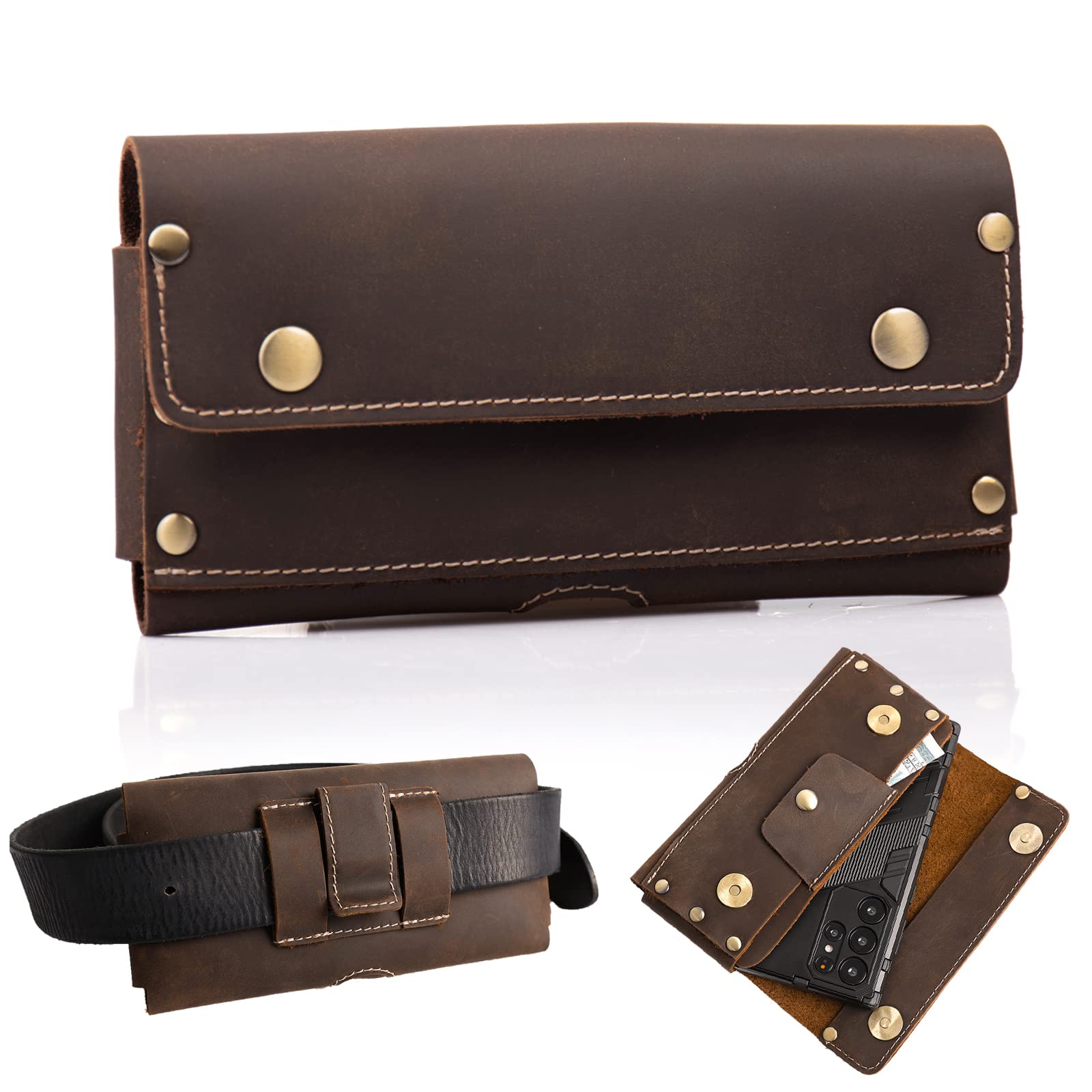 Premium Leather Phone Holster with Belt Clip - Dark Brown Wallet Case for iPhone 13 Pro Max & Galaxy S22 Ultra - Perfect for Work, Travel & Everyday Carry