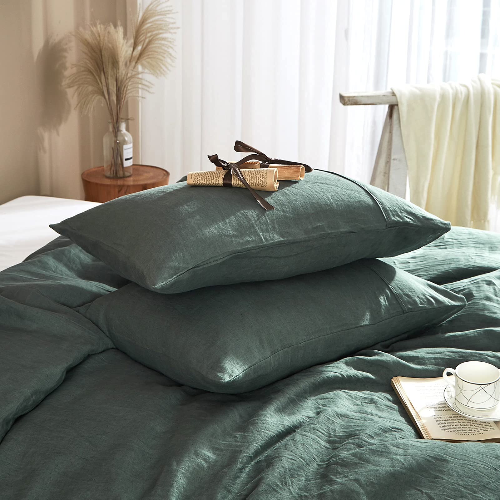 **Ivory Green Linen Duvet Cover King Size – 100% Pure Washed French Flax Linen Bedding Set (3-Piece) – Soft, Breathable & Natural – Includes 1 Duvet Cover & 2 Pillow Shams – Perfect for Eco-Friendly & Luxurious Bedroom Decor**