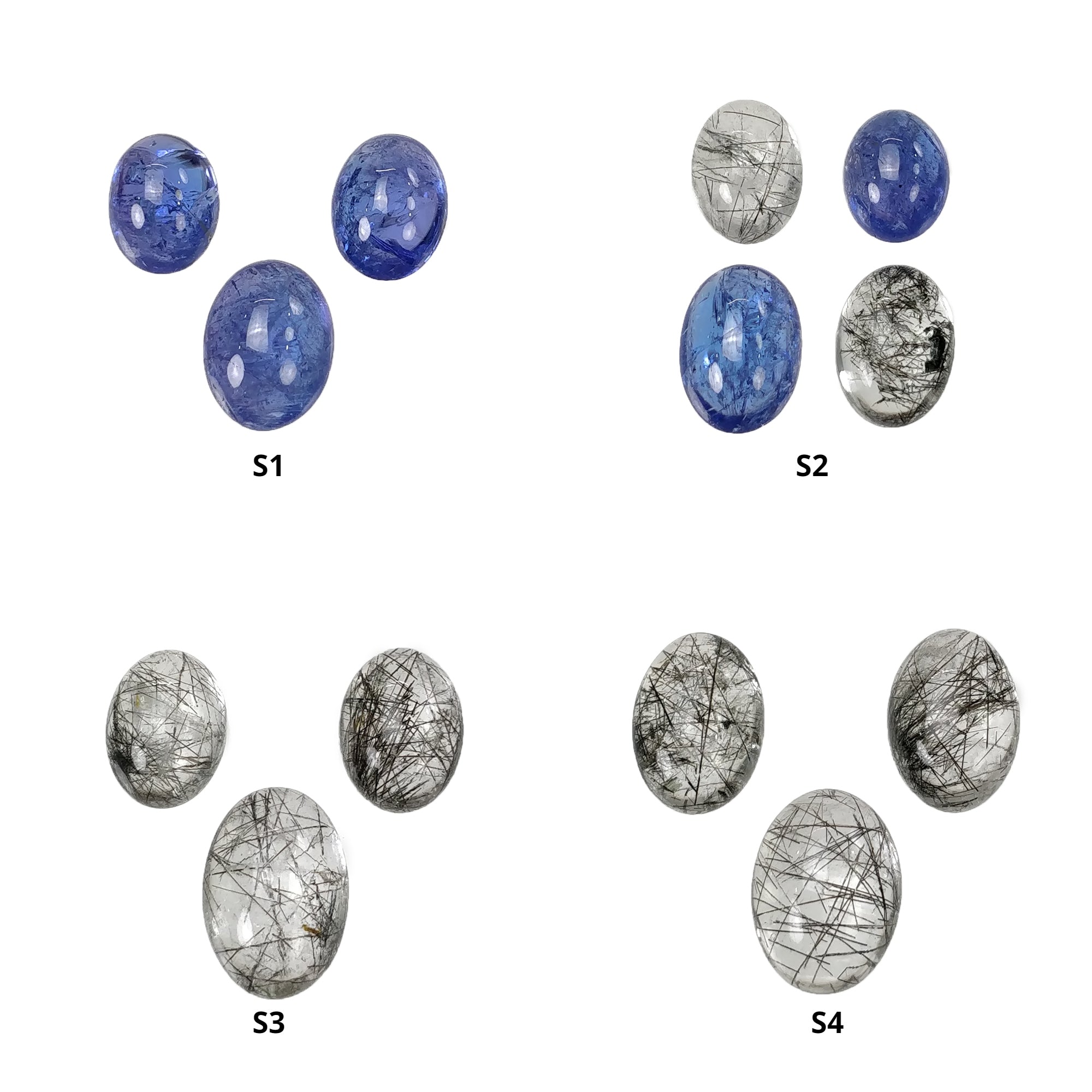 Natural Black Rutile Quartz & Tanzanite Gemstone Cabochon Set - Untreated, Unheated Oval Shape (3pcs & 4pcs) for Jewelry Making, Wire Wrapping & Crystal Healing