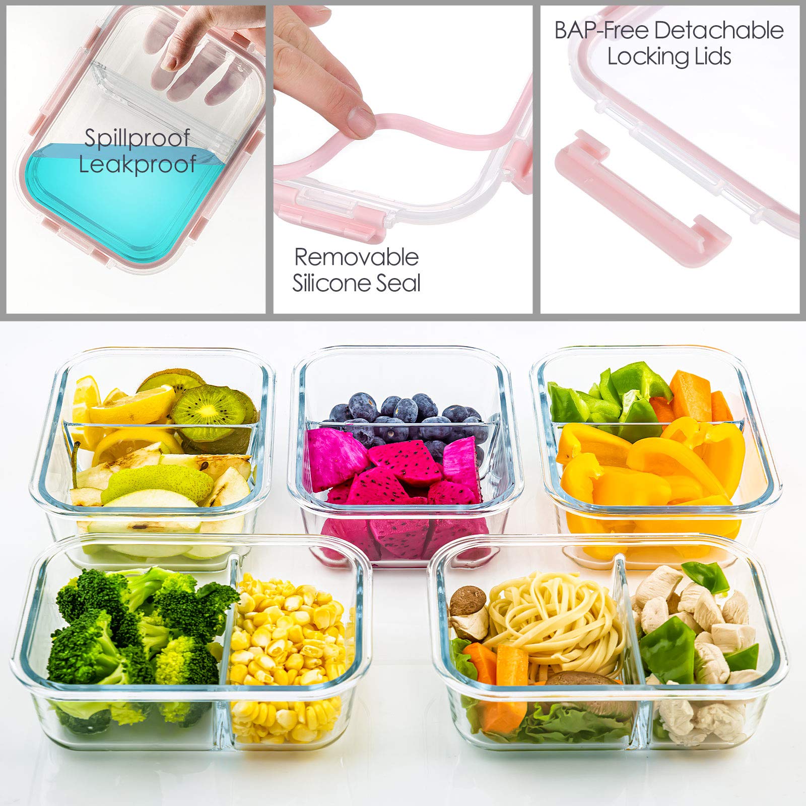 Crest Glass Meal Prep Containers 2 Compartment Set - 5-Pack 34oz Bento Boxes for Adults with Lids | Reusable Divided Glass Lunch Containers for Office, Meal Prepping & Healthy Eating