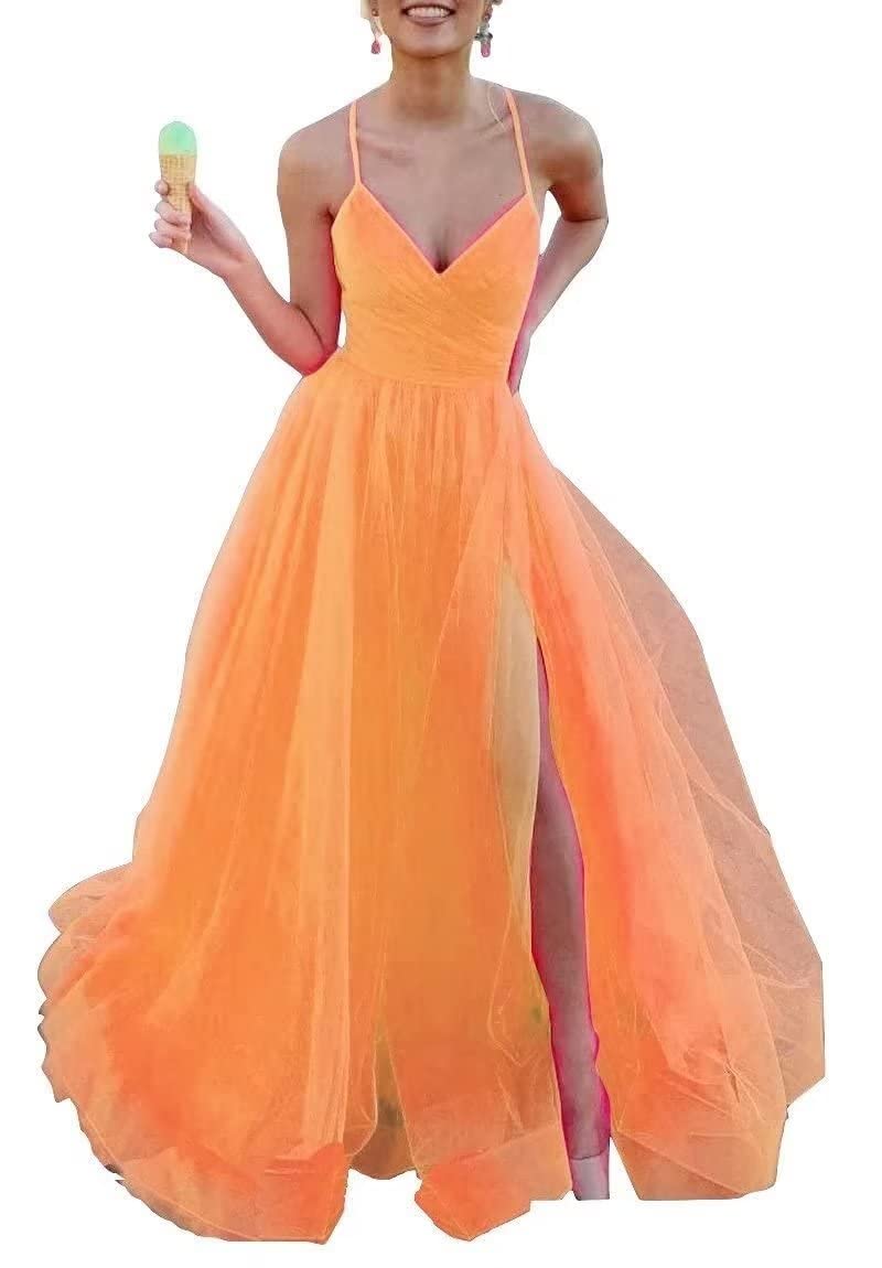 Elegant A-Line Tulle Bridesmaid Dresses 2022 | Long Prom Dress with Spaghetti Straps & High Slit | Perfect for Formal Evening Parties, Weddings & Special Occasions