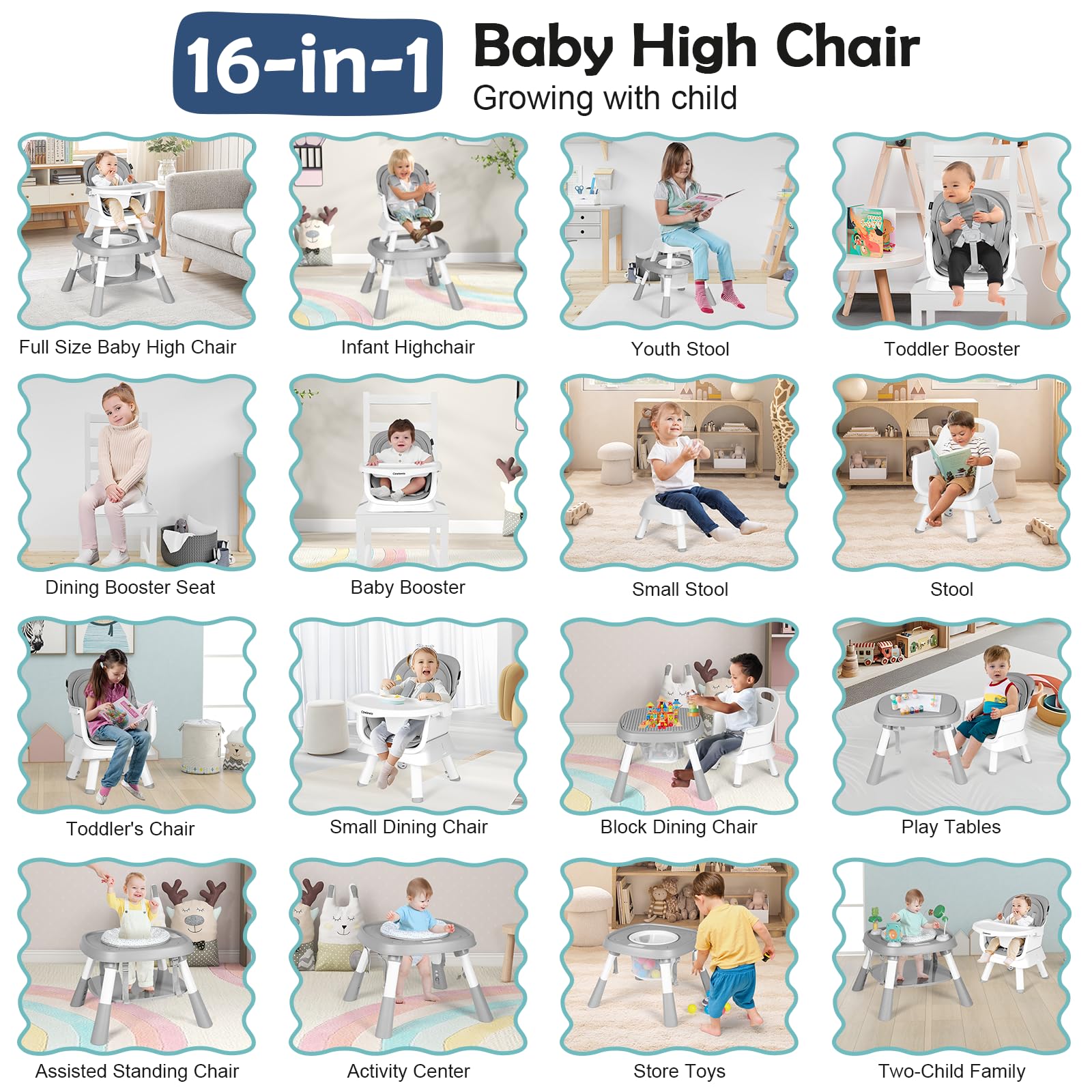 Cowiewie 16-in-1 Convertible Baby High Chair - Adjustable Toddler Chair with Safety Harness, Removable Tray & Building Block Table | Portable Highchair for Infants to Kids (Grey) | Perfect for Dining, Playtime & Learning Activities at Home or Travel
