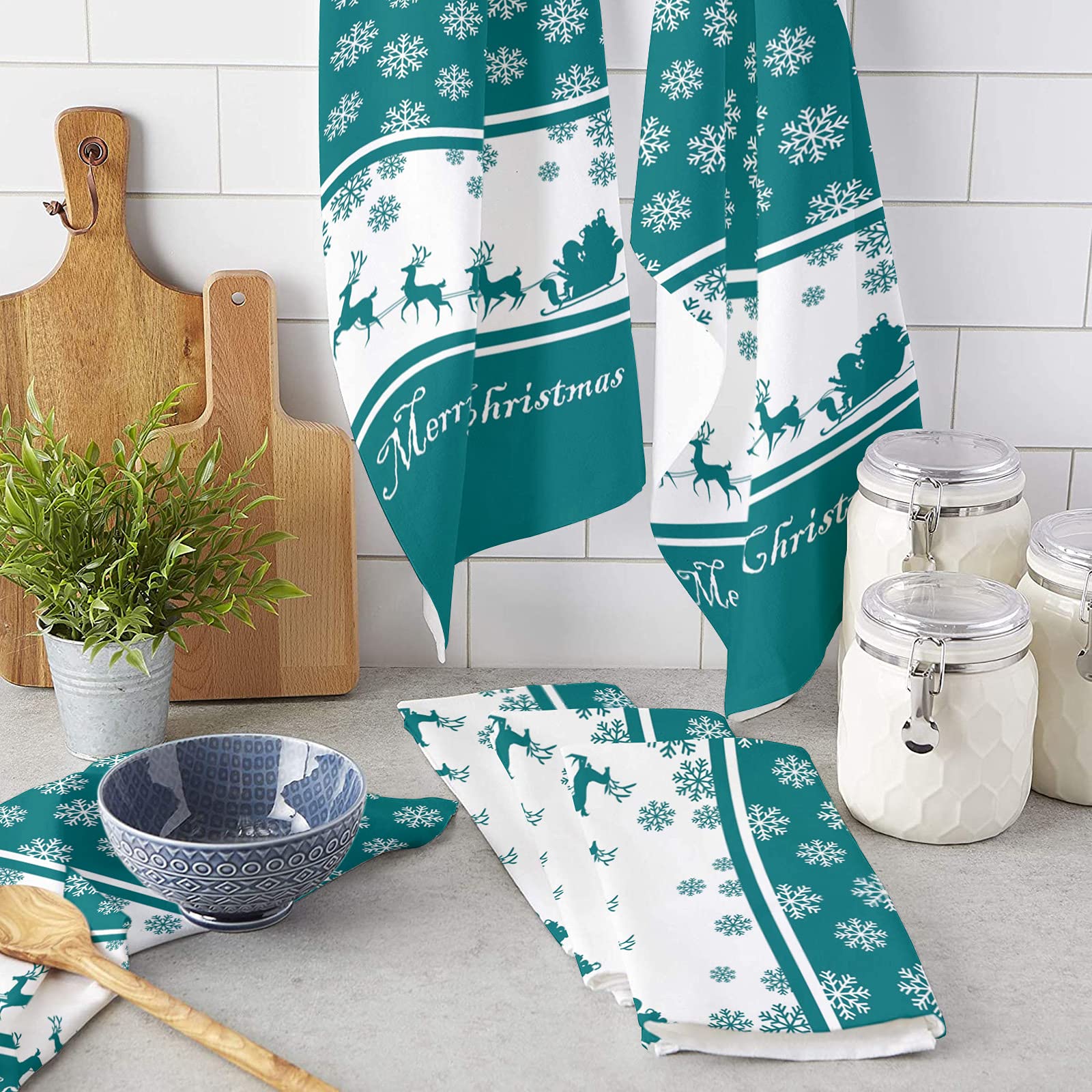 Christmas Snowflake Reindeer Teal Microfiber Kitchen Towels - Super Absorbent & Machine Washable Dish Towels (18