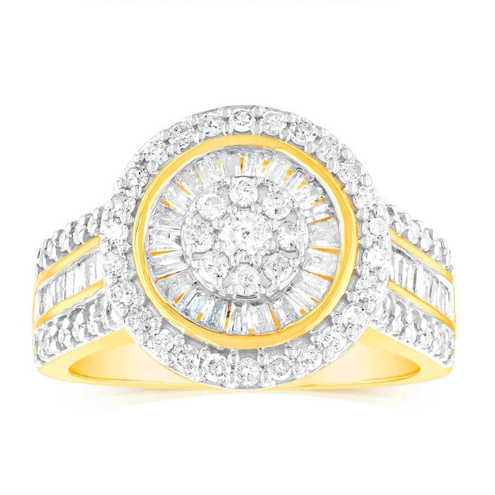 1 Carat Diamond Cluster Ring with Round Brilliant & Baguette Cut Diamonds in 9K Yellow Gold - Elegant Wedding, Engagement & Anniversary Jewelry Gift for Her
