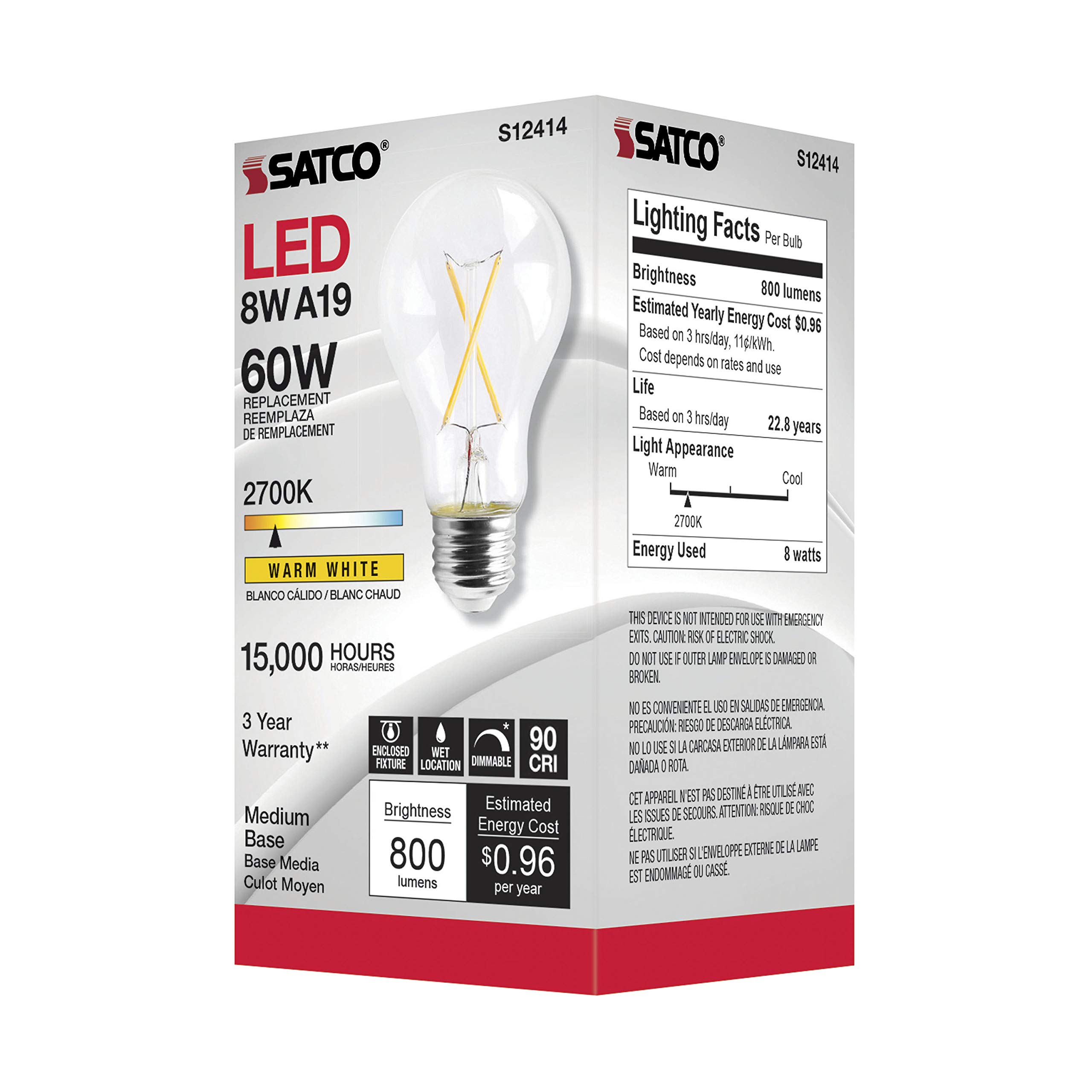 Satco S12414 Dimmable LED Filament Light Bulbs - 8W A19, 2700K Warm White, 90 CRI, 120V - High Lumen Energy Efficient Clear Glass Bulb with Medium Base - Perfect for Home, Hotel, Retail & Office Lighting (Pack of 24)
