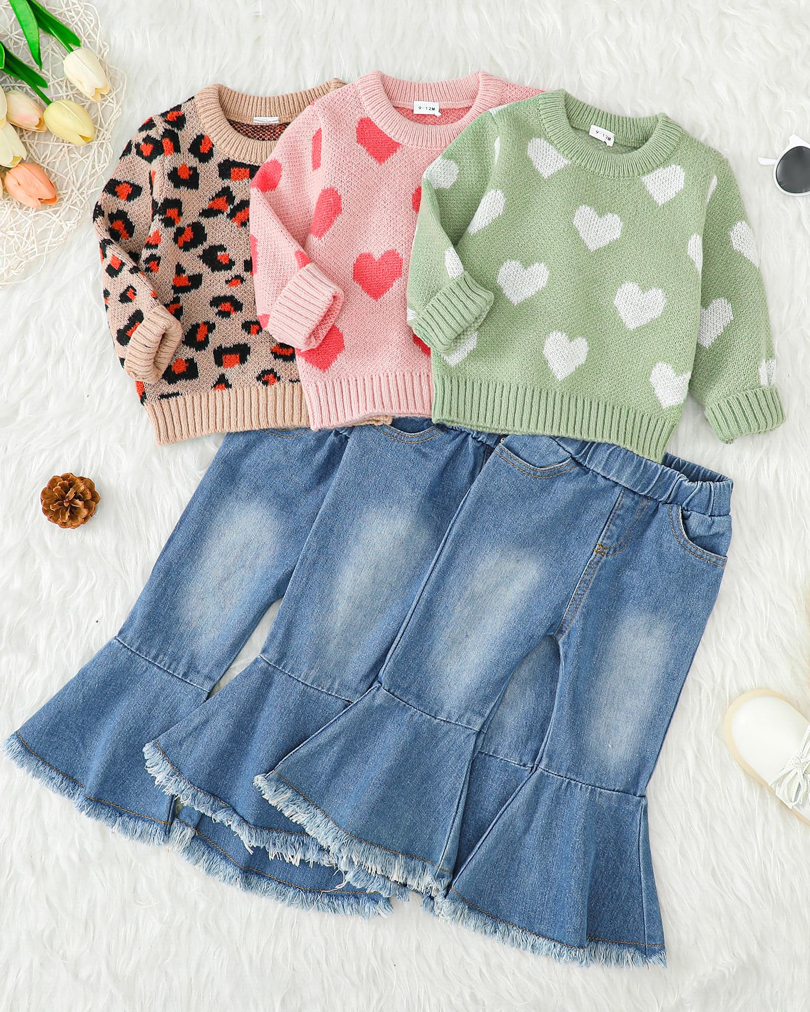 Mioglrie Toddler Girl Winter Outfit Set - Cozy Pullover Sweater & Flare Jeans for Baby Girls | Cute Denim Outfits & Baby Gift Ideas | Perfect for Holiday Photos, Playdates & Winter Adventures