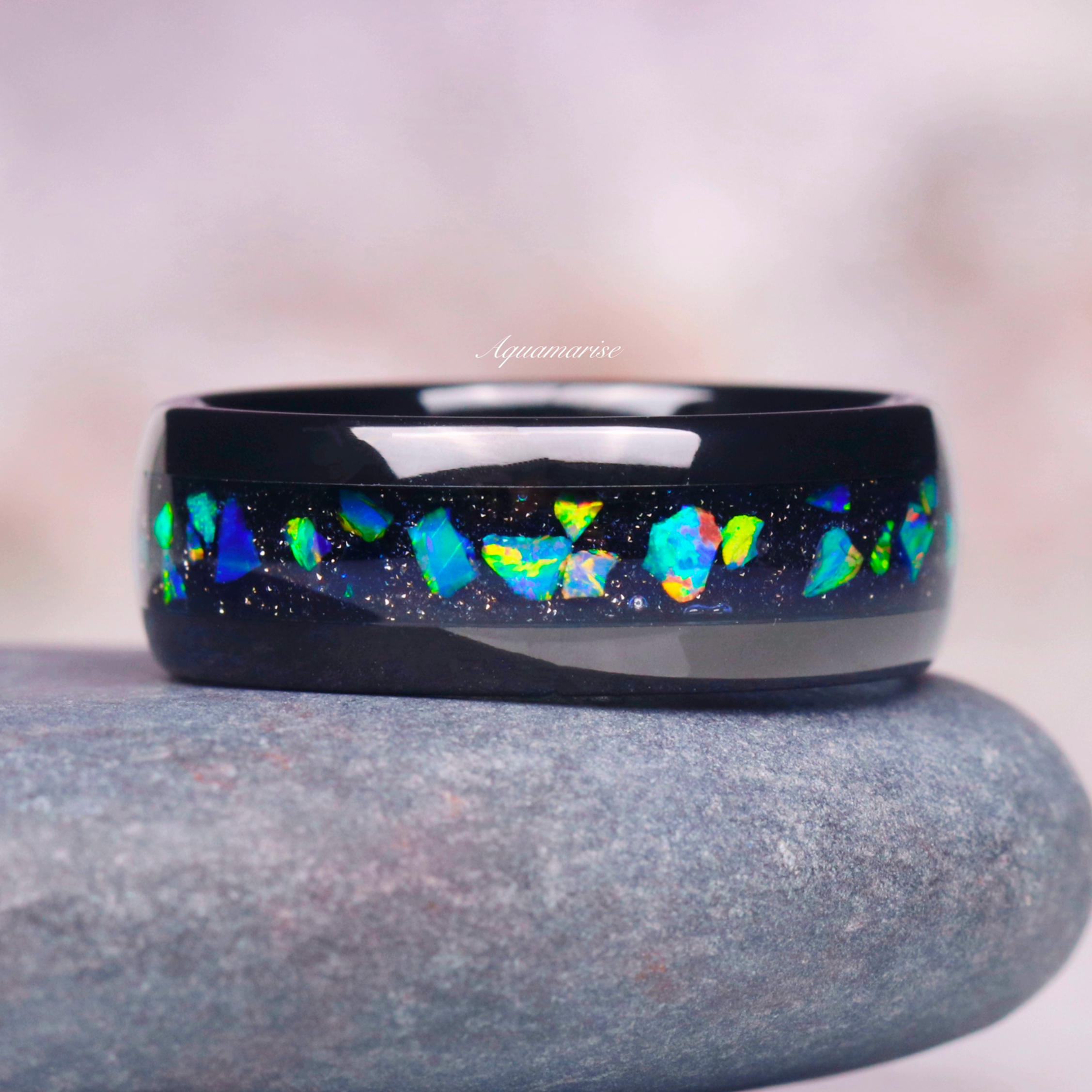 8MM Black Tungsten Wedding Band with Green Fire Opal & Starry Night Design - Perfect for Men's Engagement Rings, Anniversary Gifts, and Special Occasions