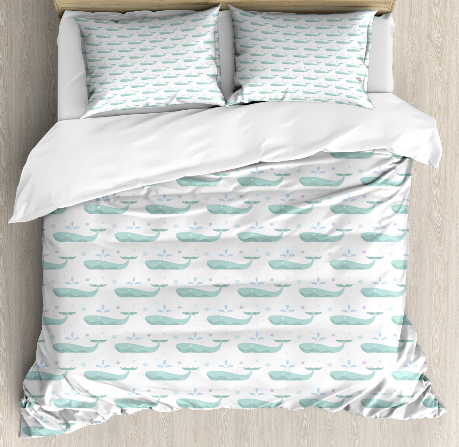 Ambesonne Whales Duvet Cover Set - Abstract Symmetric Marine Mammal Design, 3-Piece Queen Size Bedding with 2 Pillow Shams in Mint Green & White | Perfect for Coastal, Nautical or Ocean-Themed Bedroom Decor