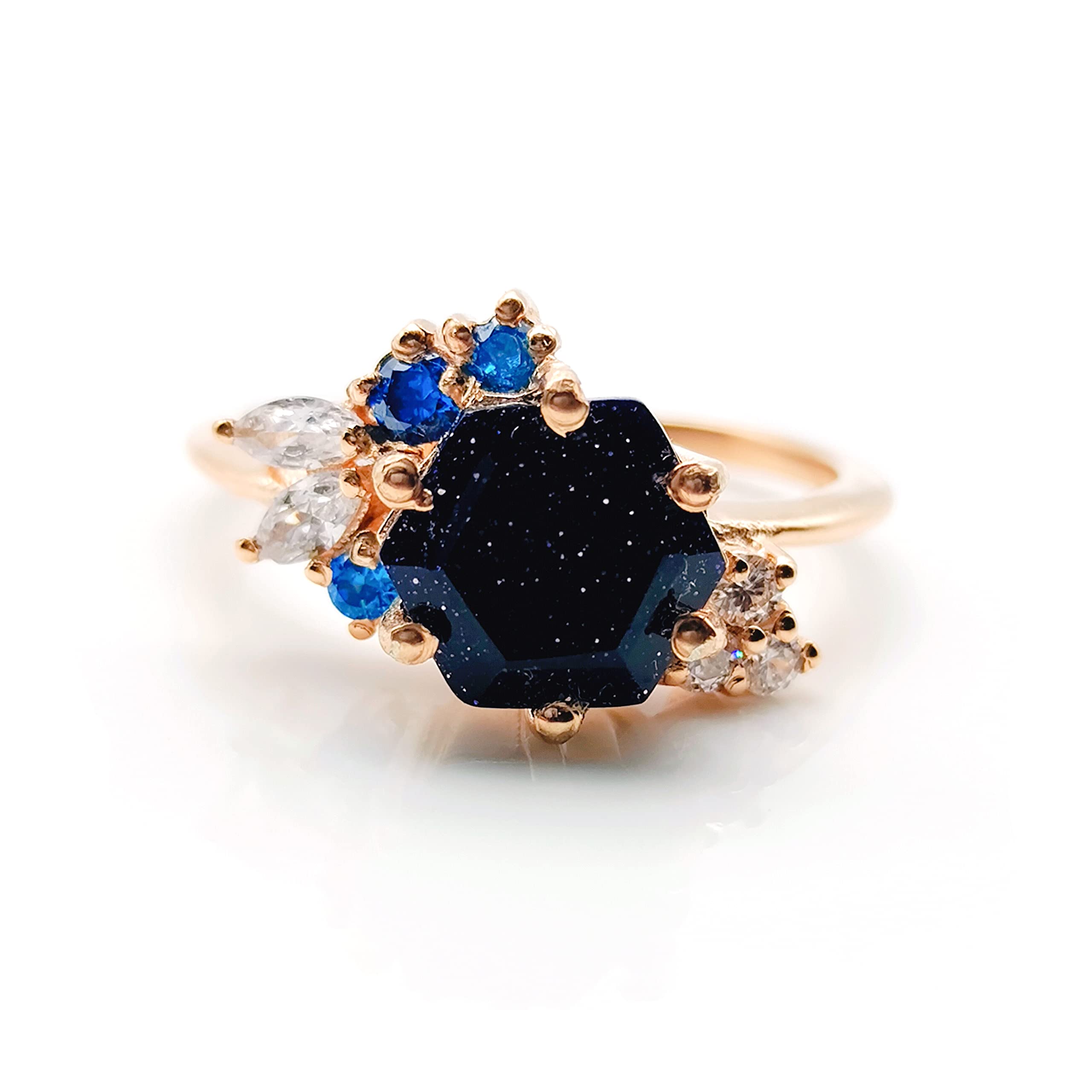 Hexagon Cut Blue Sandstone Ring for Women - Rose Gold & Silver Cluster Topaz Promise Ring - Elegant Wedding & Anniversary Gift by Forever Gems & Jewels | Perfect for Engagements, Date Nights & Special Occasions