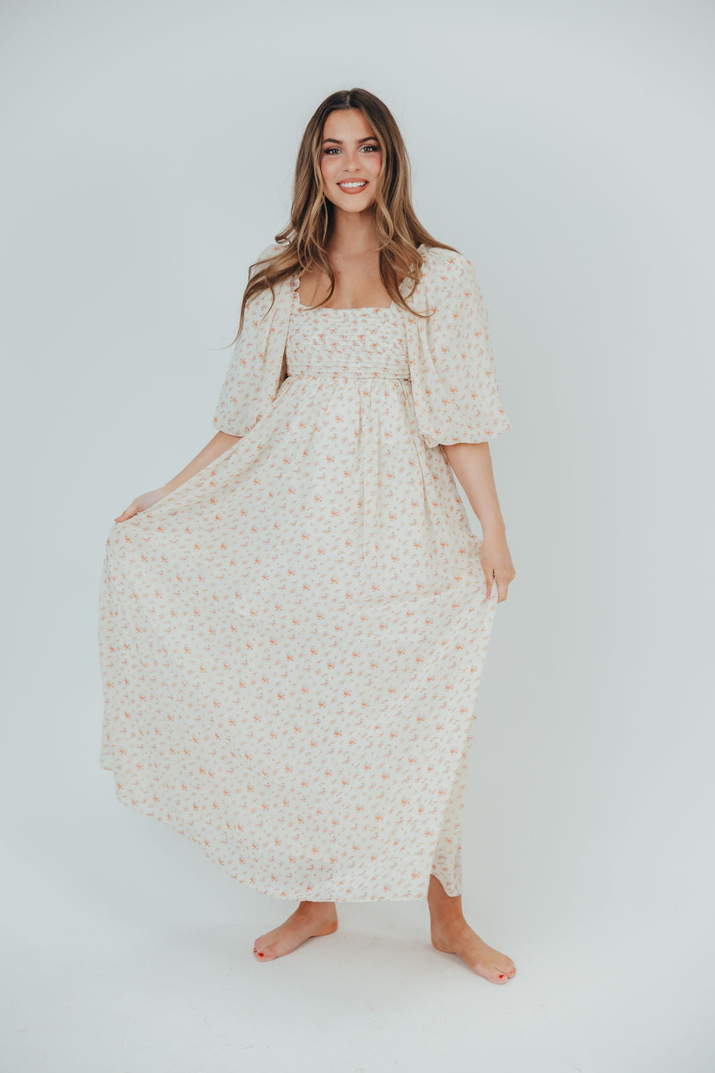 Melody Maxi Dress with Pleats & Bow Detail - Ivory Floral Print Maternity Dress | Bump Friendly & Inclusive Sizing (S-3XL) | Perfect for Weddings, Baby Showers & Summer Events