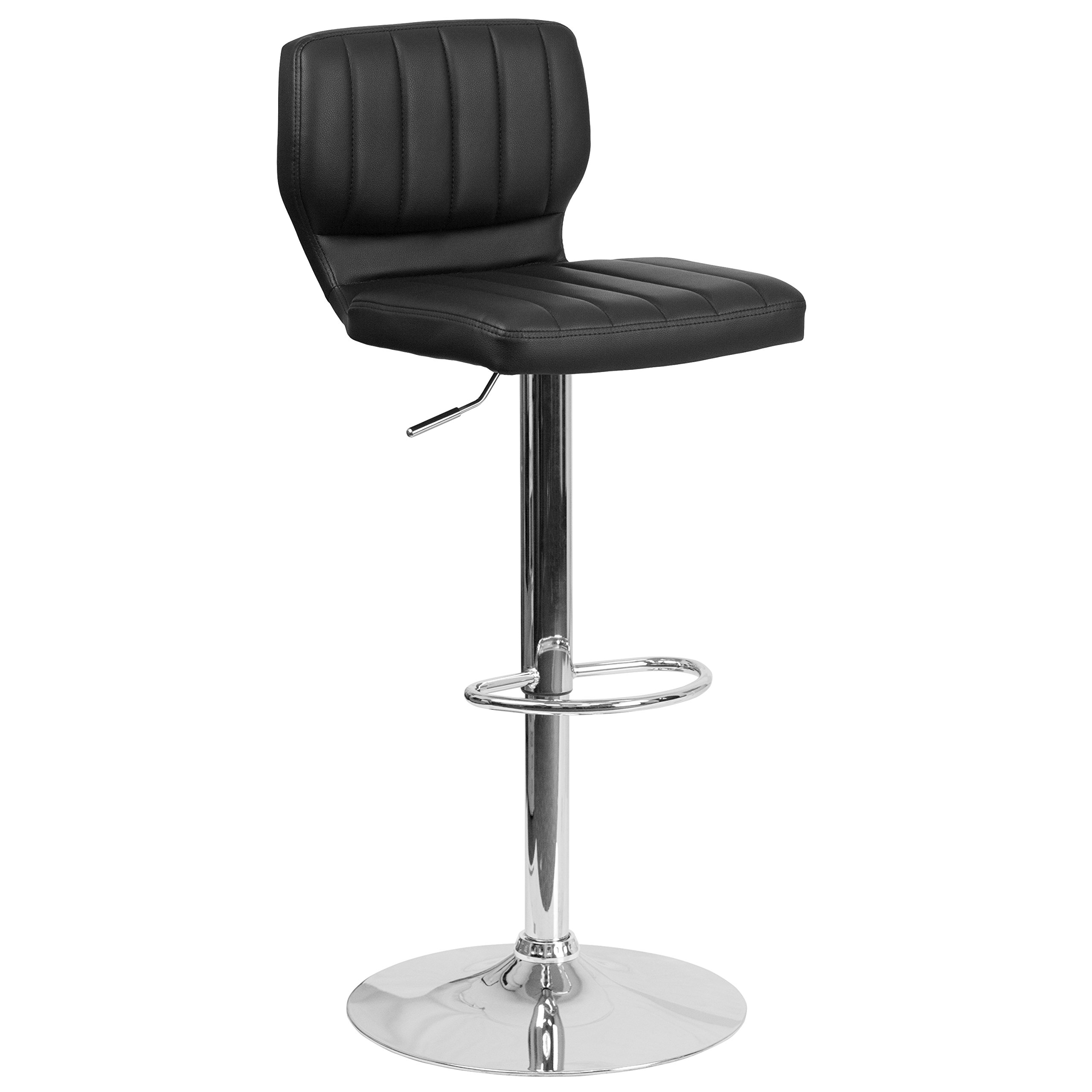 EMMA + OLIVER Black Vinyl Adjustable Height Bar Stool with Vertical Stitch Back - Modern Kitchen Island & Breakfast Nook Seating for Home & Restaurant Use