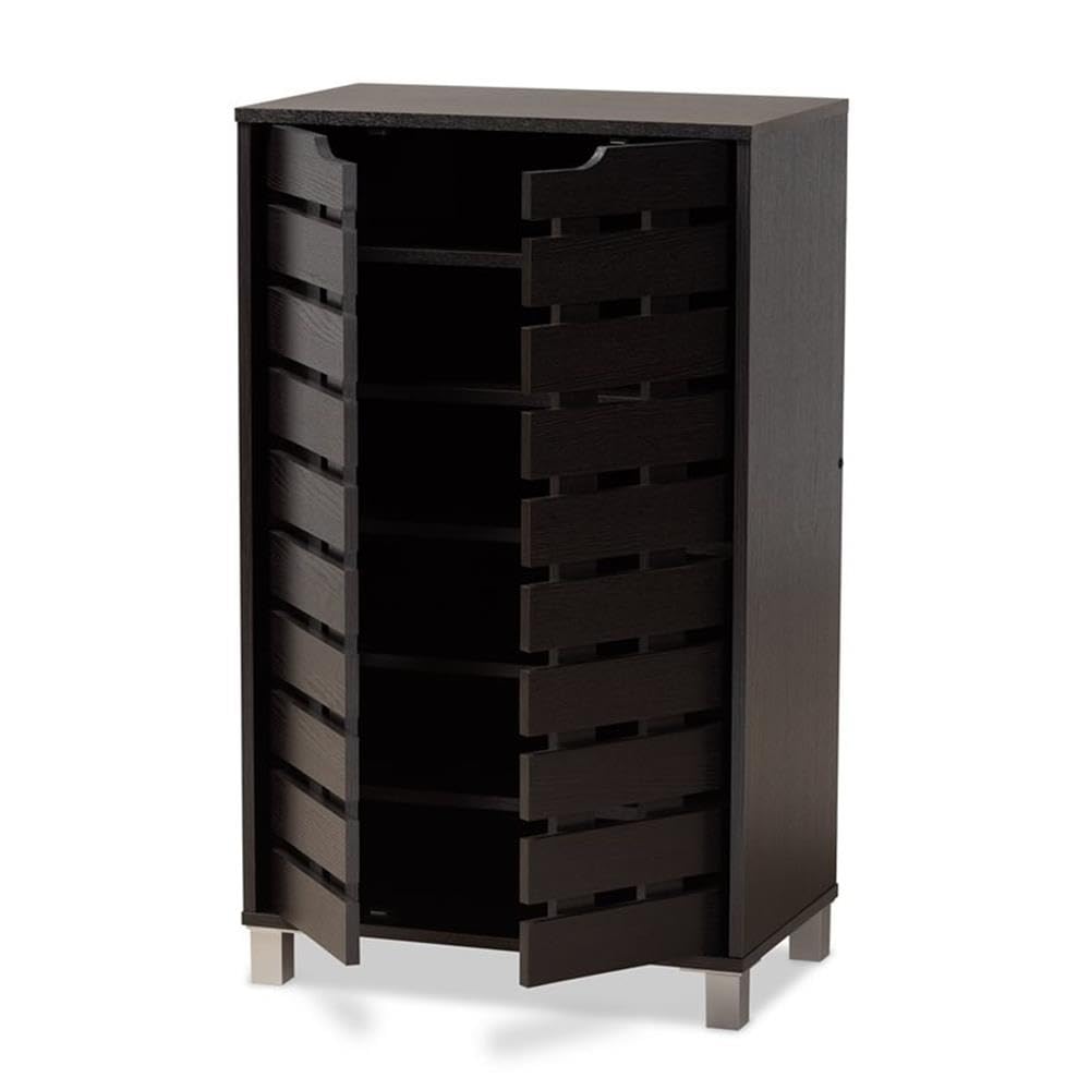 BOWERY HILL Modern Dark Brown Wooden 2-Door Shoe Cabinet - Contemporary Shoe Storage Organizer for Entryway, Closet & Bedroom Organization