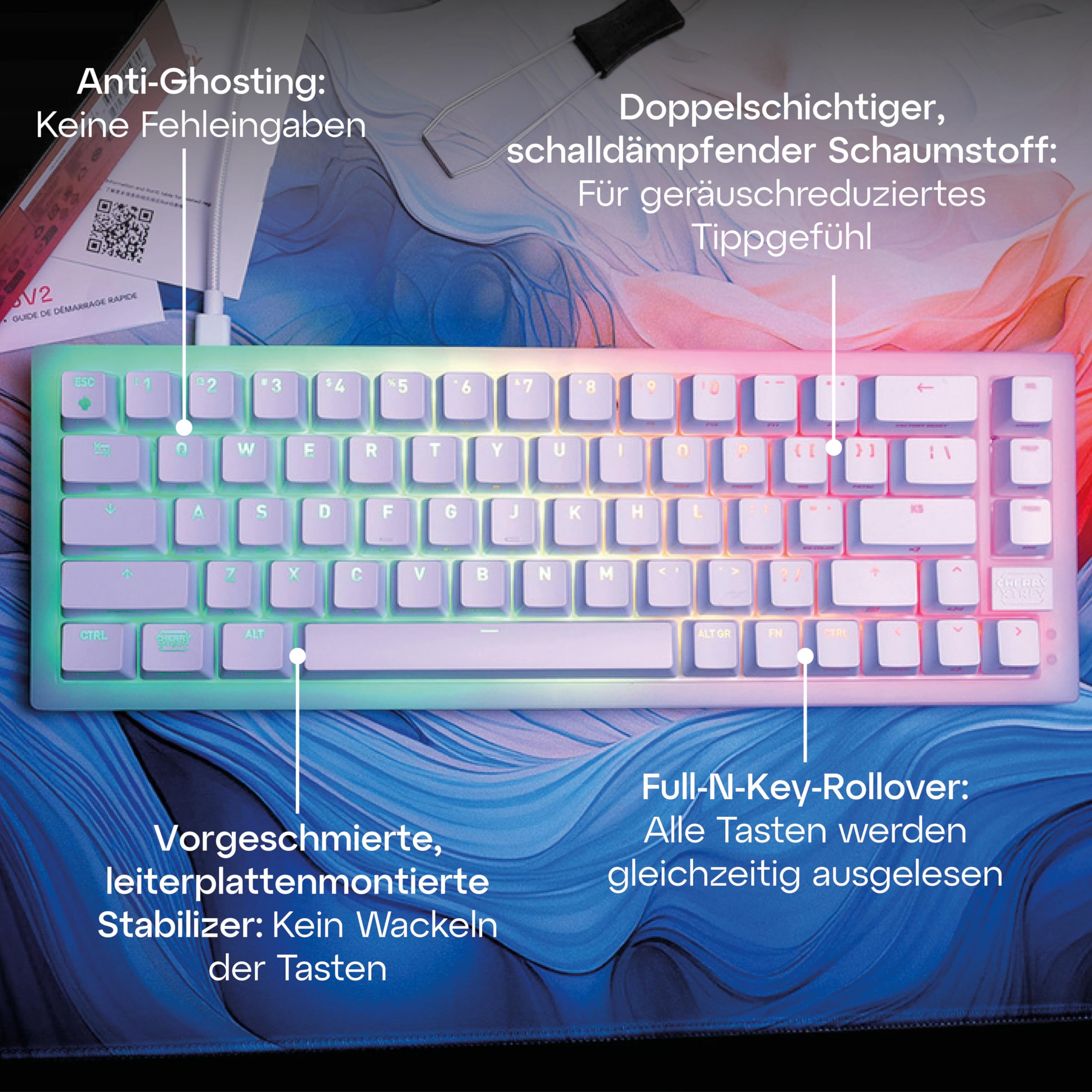 XTRFY K5V2 Compact 65% Mechanical Gaming Keyboard - German QWERTZ Layout, Hot-Swappable MX2A Red Switches, White Transparent Design for Esports & Office Use