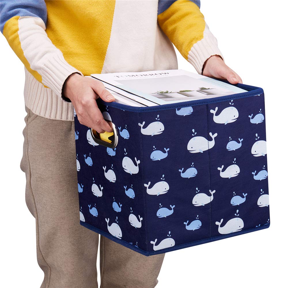 Whale Collapsible Fabric Storage Bins - Set of 3, Blue Foldable Cube Organizers 10.5x10.5x11 Inches for Closet, Shelves, Drawers & Home Organization - Perfect for Bedroom, Nursery & Office Storage Solutions