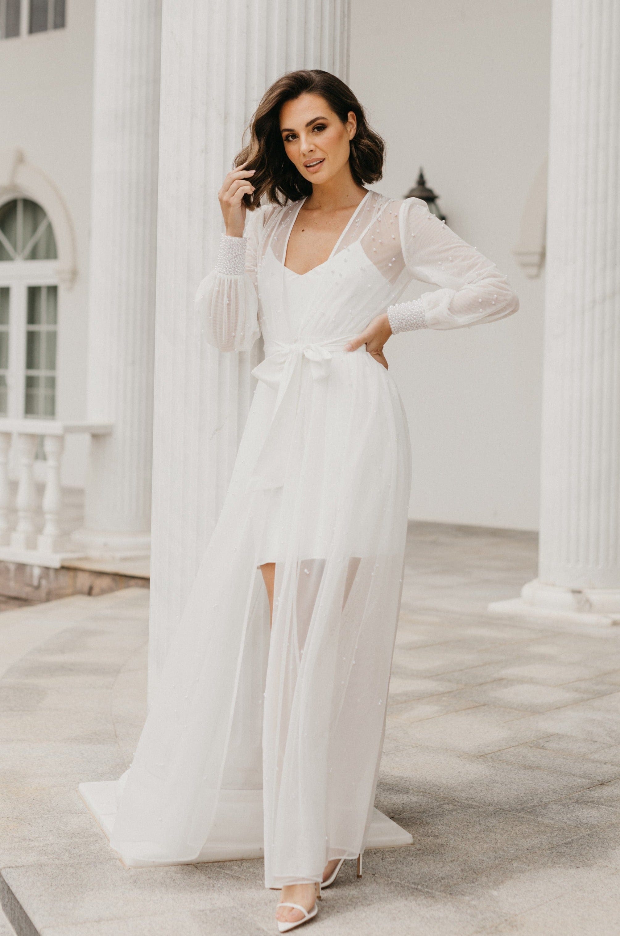 Elegant Ivy Hand-Beaded Pearl Mesh Maxi Dress with Slip - Perfect for Weddings, Parties & Special Occasions
