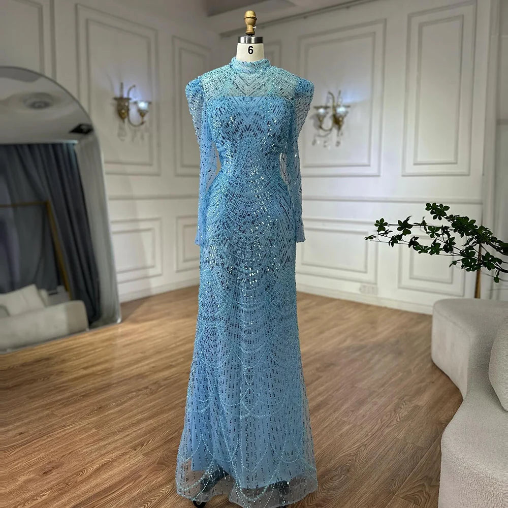 Luxury Dubai White Muslim Mermaid Evening Dress with Detachable Overskirt - Formal Gown for Weddings, Parties & Special Occasions - LA72032L