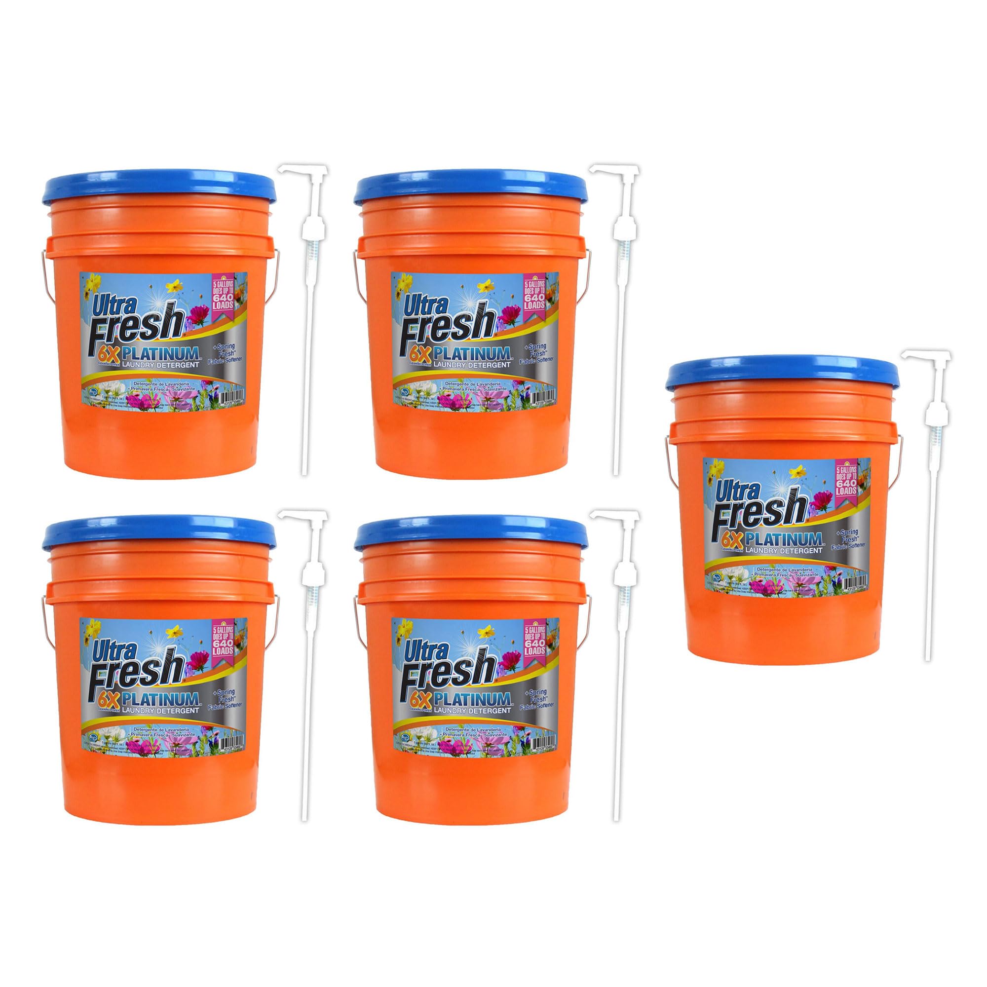 6X Concentrated Platinum 5 Gallon Laundry Detergent Liquid with Spring Fresh Fabric Softener & Pump - Works in All Washing Machines (HE, Top Load, Front Load) - 640 Loads per 5 Gallon (5 Pack) - Perfect for Large Families, Laundromats & Commercial Use