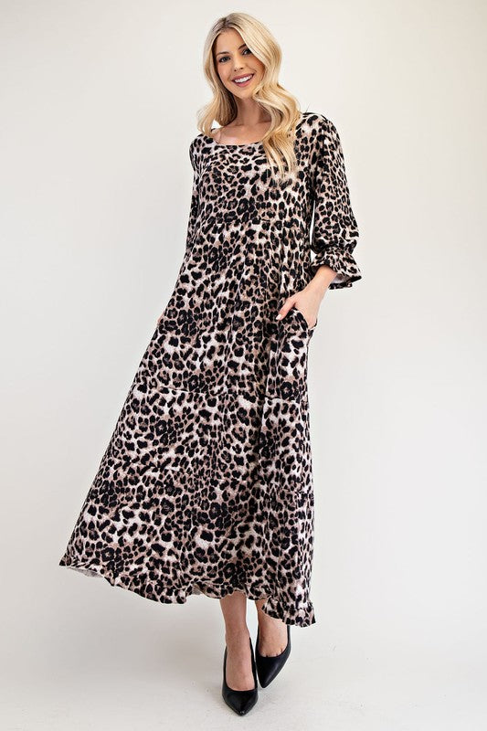 Celeste Women's Leopard Print Flounce Sleeve Dress - Round Neck Midi Dress for Casual Wear, Date Night & Office Outfits