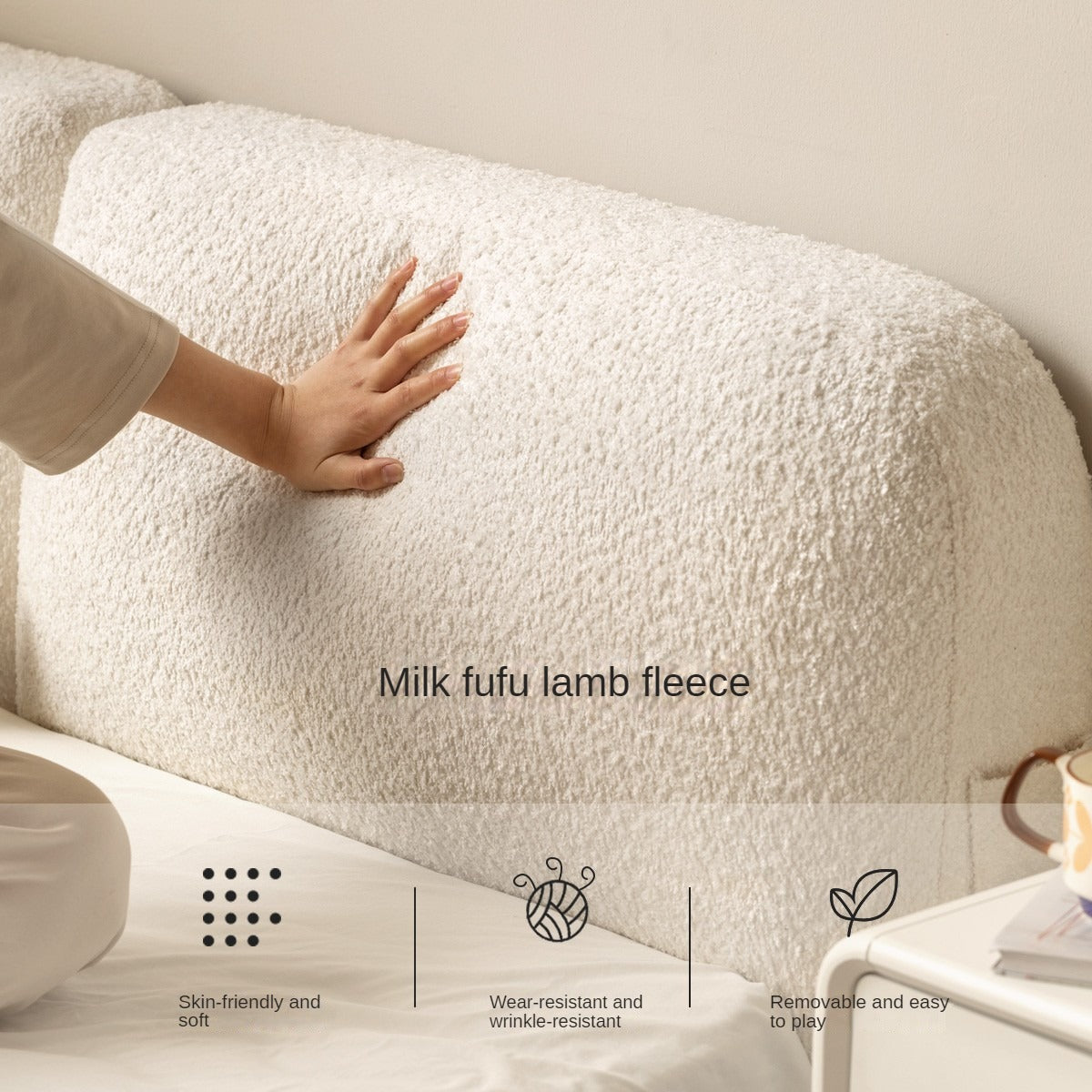 Premium Oak Solid Wood Lamb Fleece Soft Suspension Cream Bed - Cozy & Supportive Sleeping Solution for Modern Bedrooms, Guest Rooms & Nursery Decor