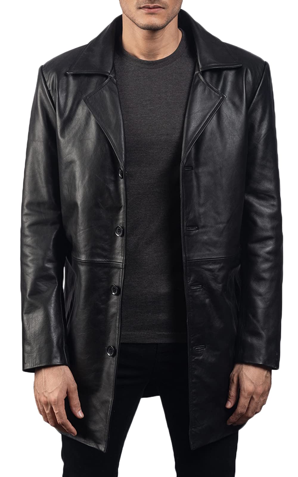 Premium Black Cowhide Leather Trench Coat for Men - Genuine Leather Jacket | Classic Outerwear for Business, Dating & Formal Occasions