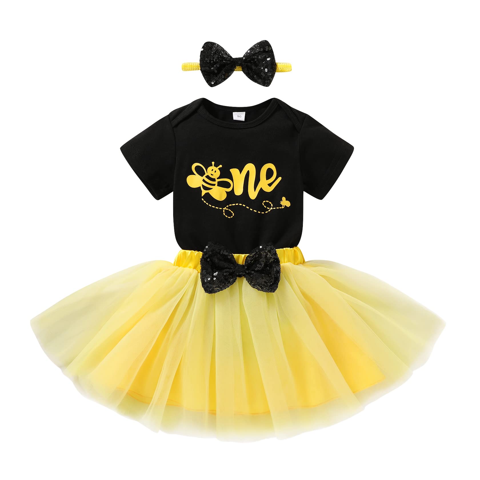 HappyBee Baby Girls' 1st Birthday Outfit - Sunflower Bee Romper with Tulle Tutu Skirt & Sequin Bow - Adorable Party Dress Set for Photoshoots, Birthday Celebrations & Special Occasions