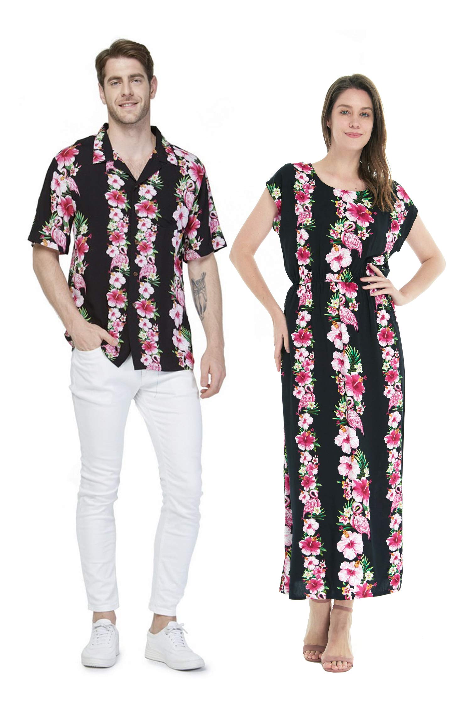 Stylish Matching Couple Hawaiian Luau Shirts & Maxi Dresses - Pink & Black Hibiscus Print for Beach Vacations, Summer Parties & Tropical Getaways