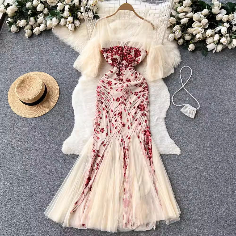 Elegant Mesh Sequins Slit Evening Dress for Women - Mermaid Formal Gown for Prom, Party & Special Occasions