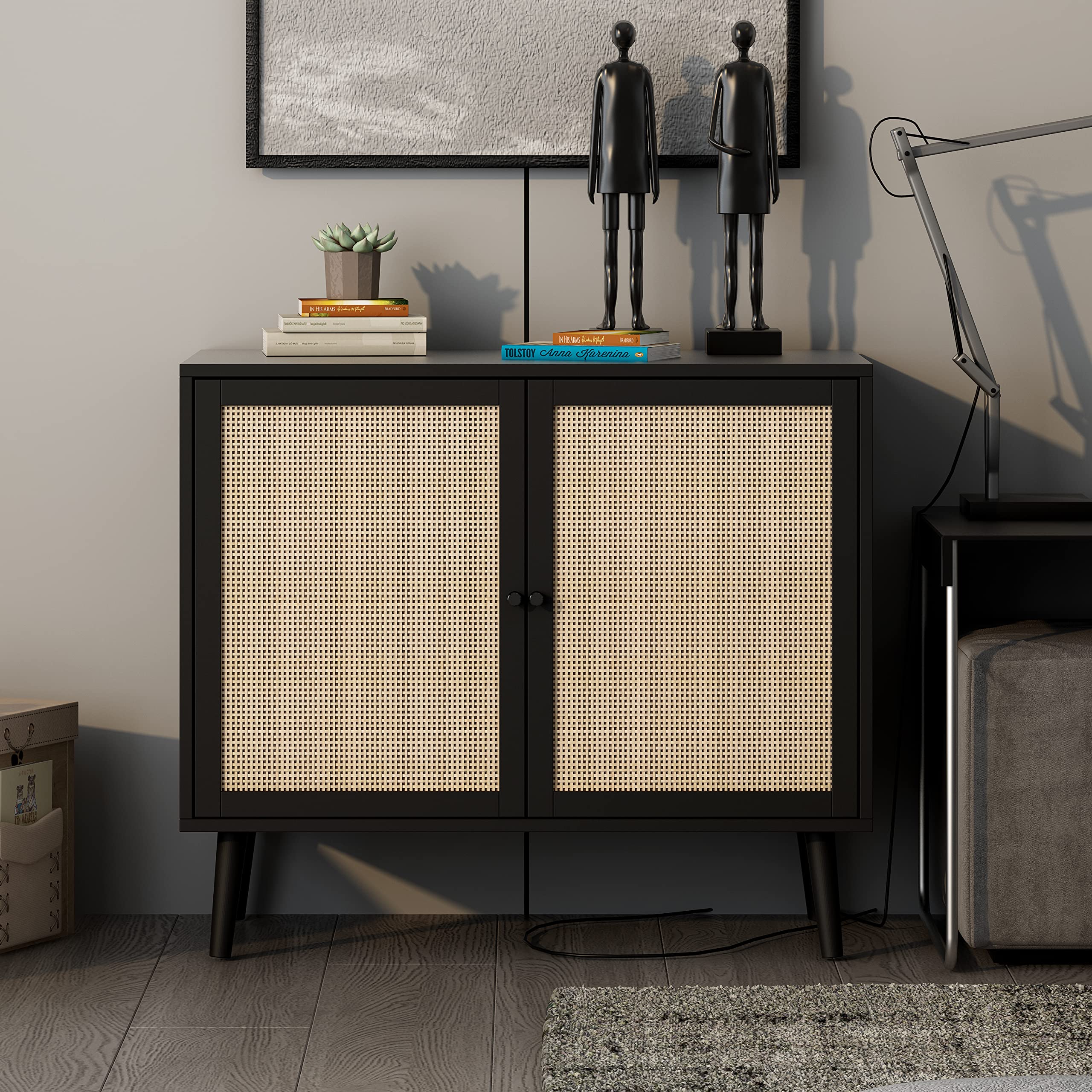 QHITTY Black Rattan Sideboard Buffet Cabinet with Adjustable Shelves - Stylish Kitchen Storage, Living Room, Dining Room, Bedroom Accent Furniture for Home Decor