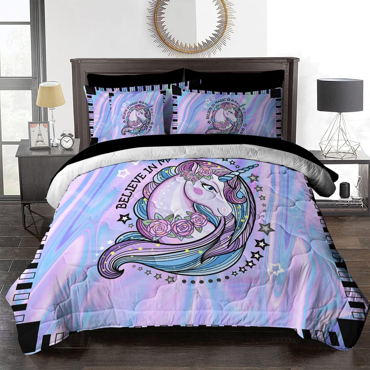 BlessLiving 8-Piece Unicorn Comforter Set - King Size Marble Tie Dye Bedding with Comforter, Shams, Sheets & Pillowcases | Pastel Purple Blue Pink | Girls' Bedroom Decor, Teen Room Makeover, Fantasy Themed Nursery