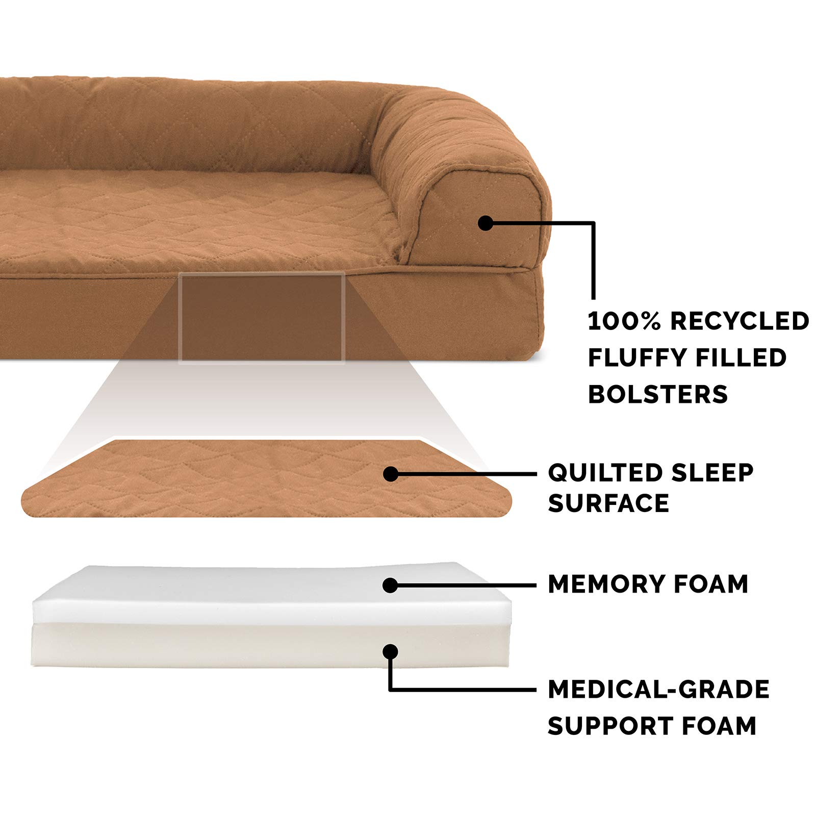 Furhaven Orthopedic Memory Foam Dog Bed for Large Dogs up to 95 lbs - Removable Bolster & Machine Washable Cover - Quilted Sofa Design in Toasted Brown (Jumbo/XL) - Perfect for Living Room, Bedroom or Pet-Friendly Office Spaces